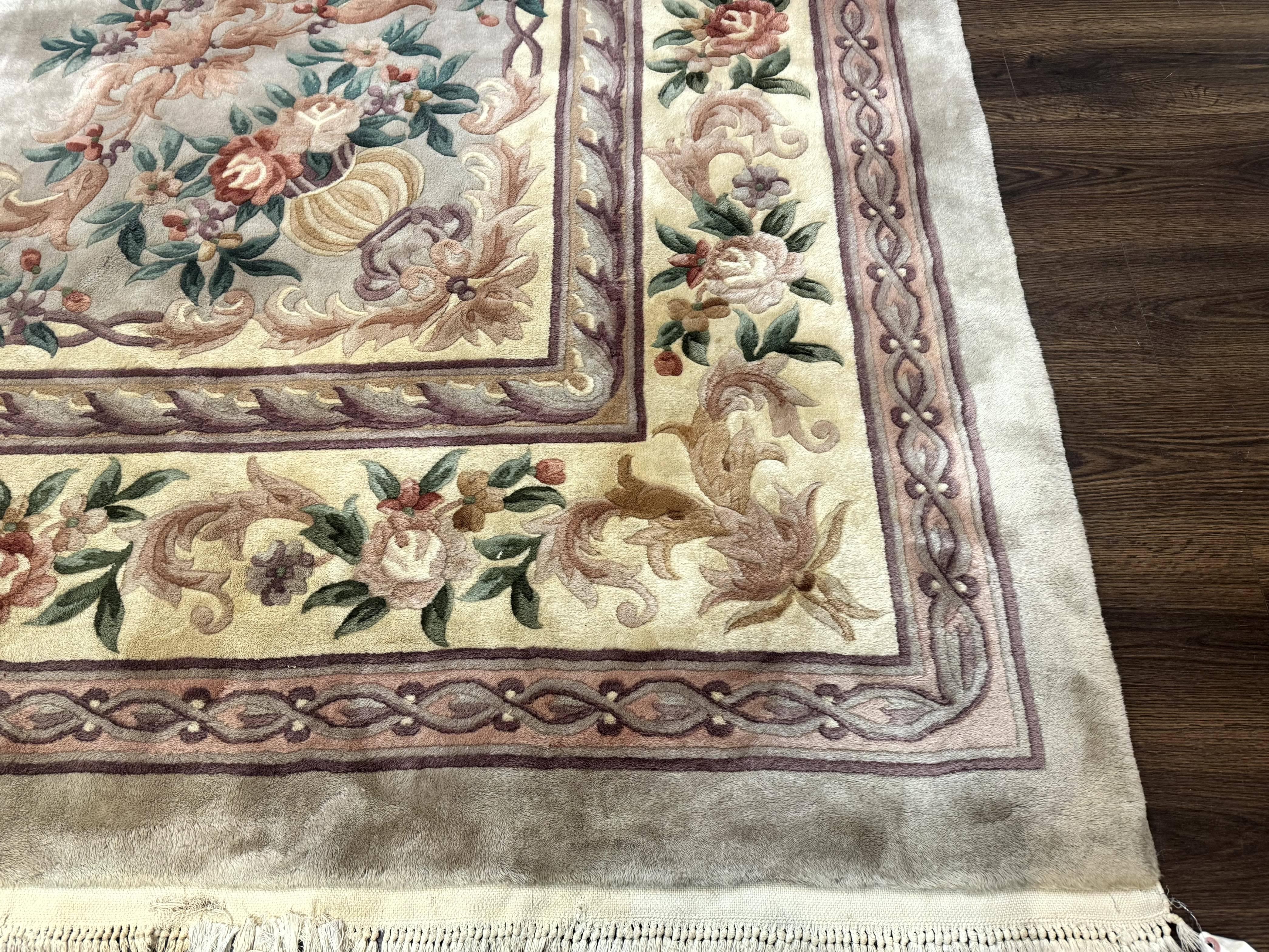Chinese Aubusson Rug 10x14, Soft Thick Wool Pile, Gray and Beige, Floral, Vintage 1960s Chinese Wool Rug - Jewel Rugs