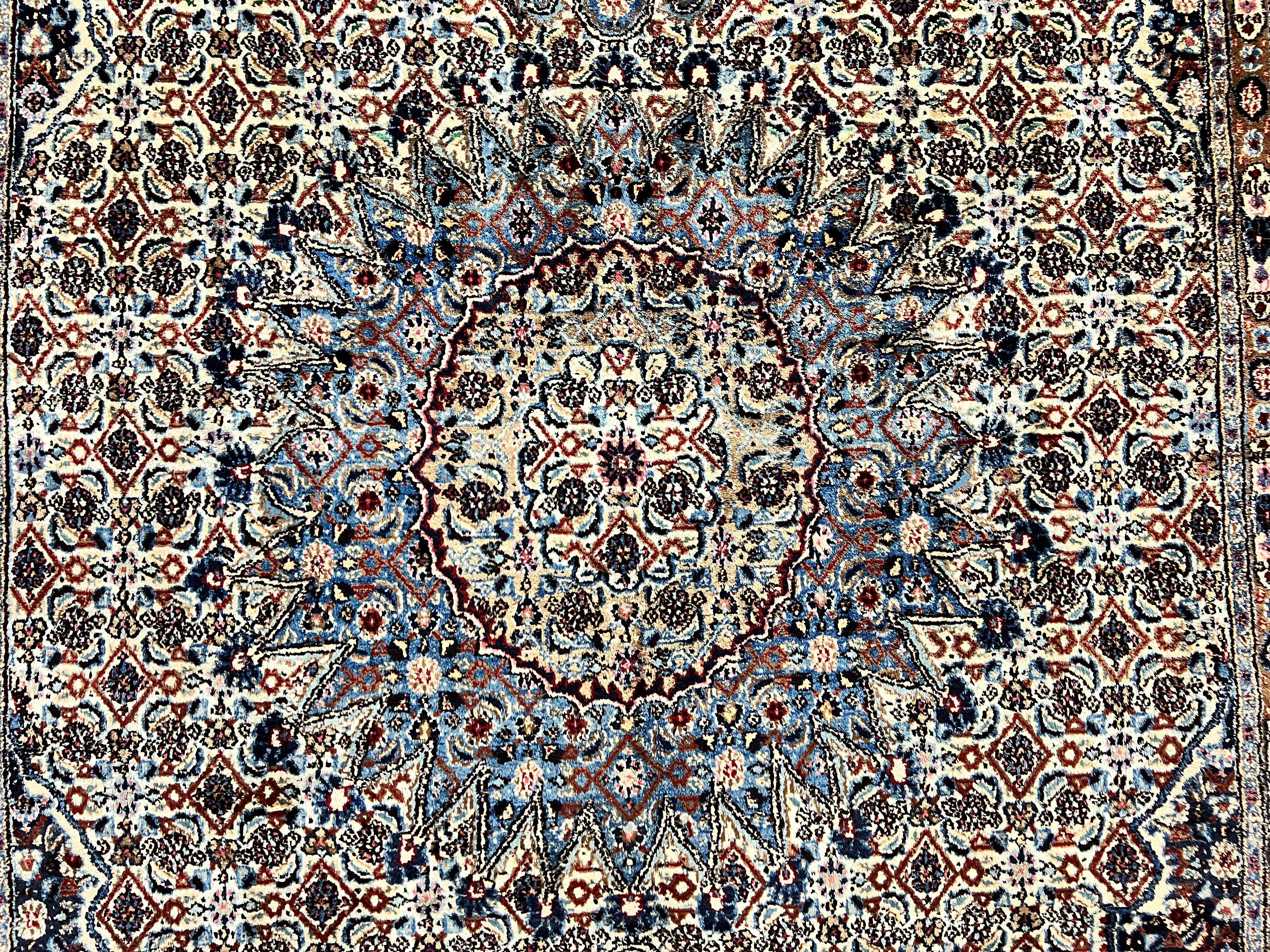 Persian Mashad Rug 7x10, Floral Medallion, Wool Hand Knotted Vintage Oriental Carpet, Blue & Ivory, Traditional Room Sized Rug - Jewel Rugs