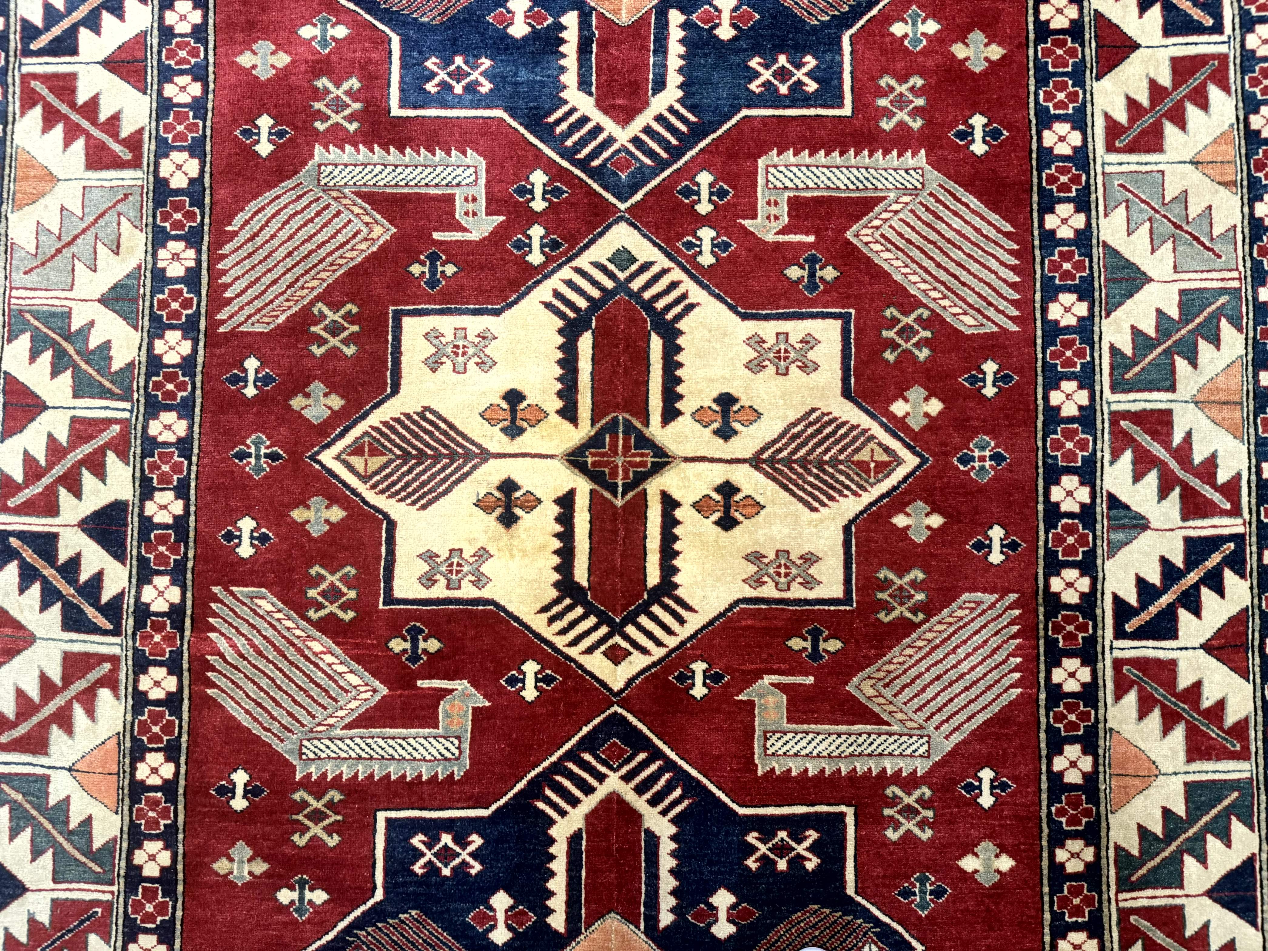 Turkish Kazak Rug 6x8, Caucasian Design, Geometric Medallions, Red Blue Beige - Jewel Rugs