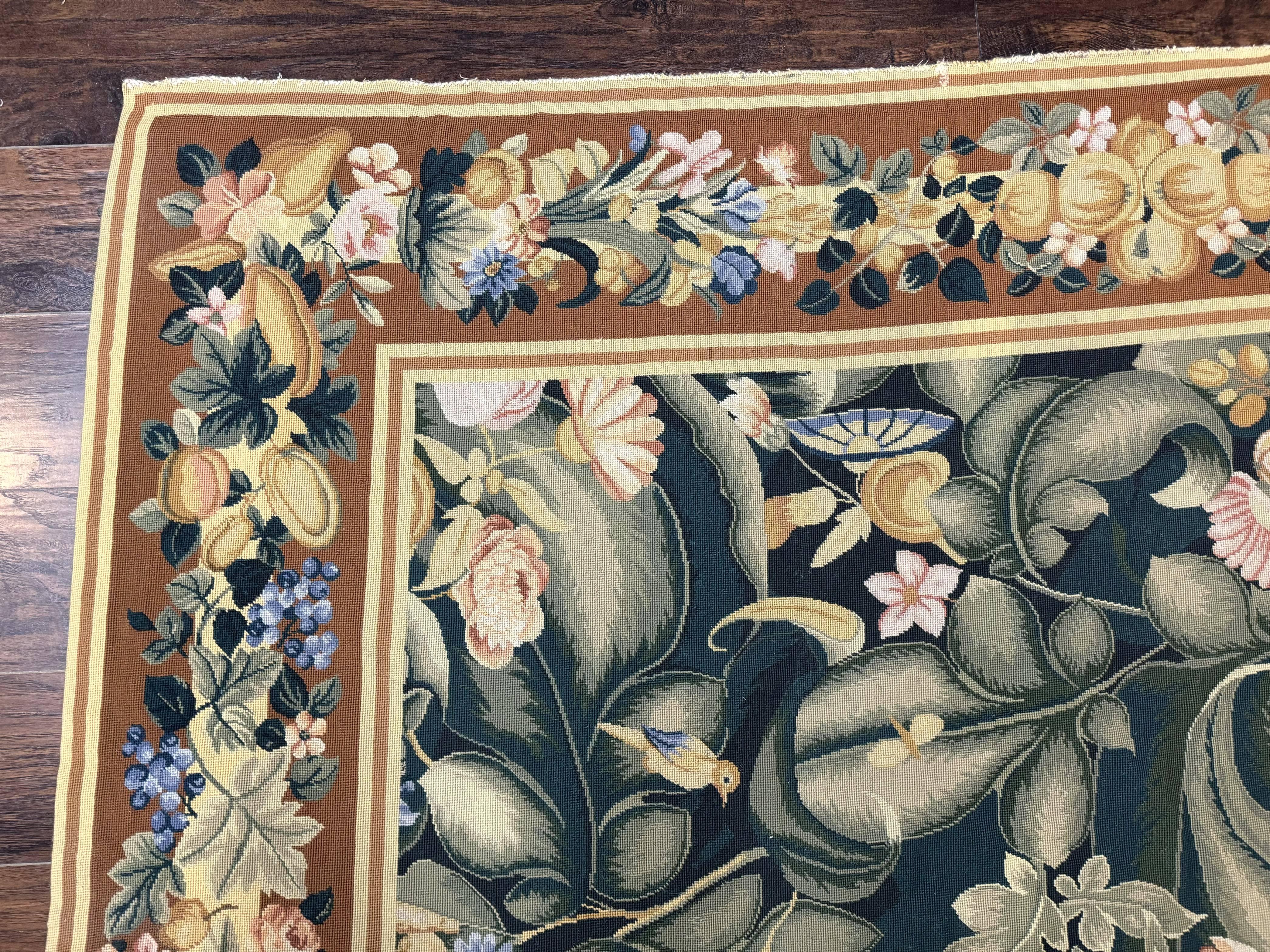 Needlepoint Rug 8x10, Vintage, Handmade, Wool, Green, Leaves & Fruits - Jewel Rugs