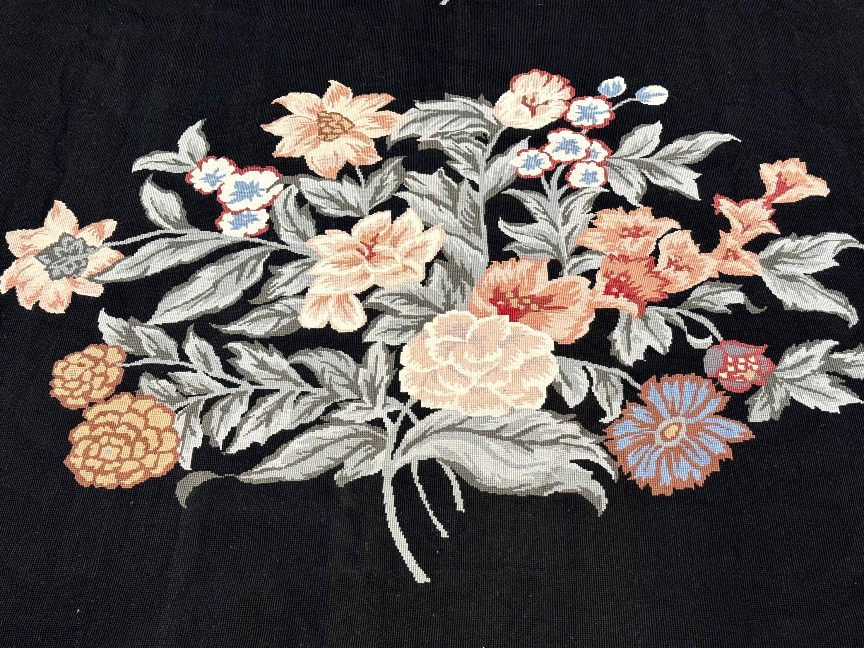 Black Needlepoint Rug 8x11 with Multicolor Flowers, Vintage Carpet - Jewel Rugs