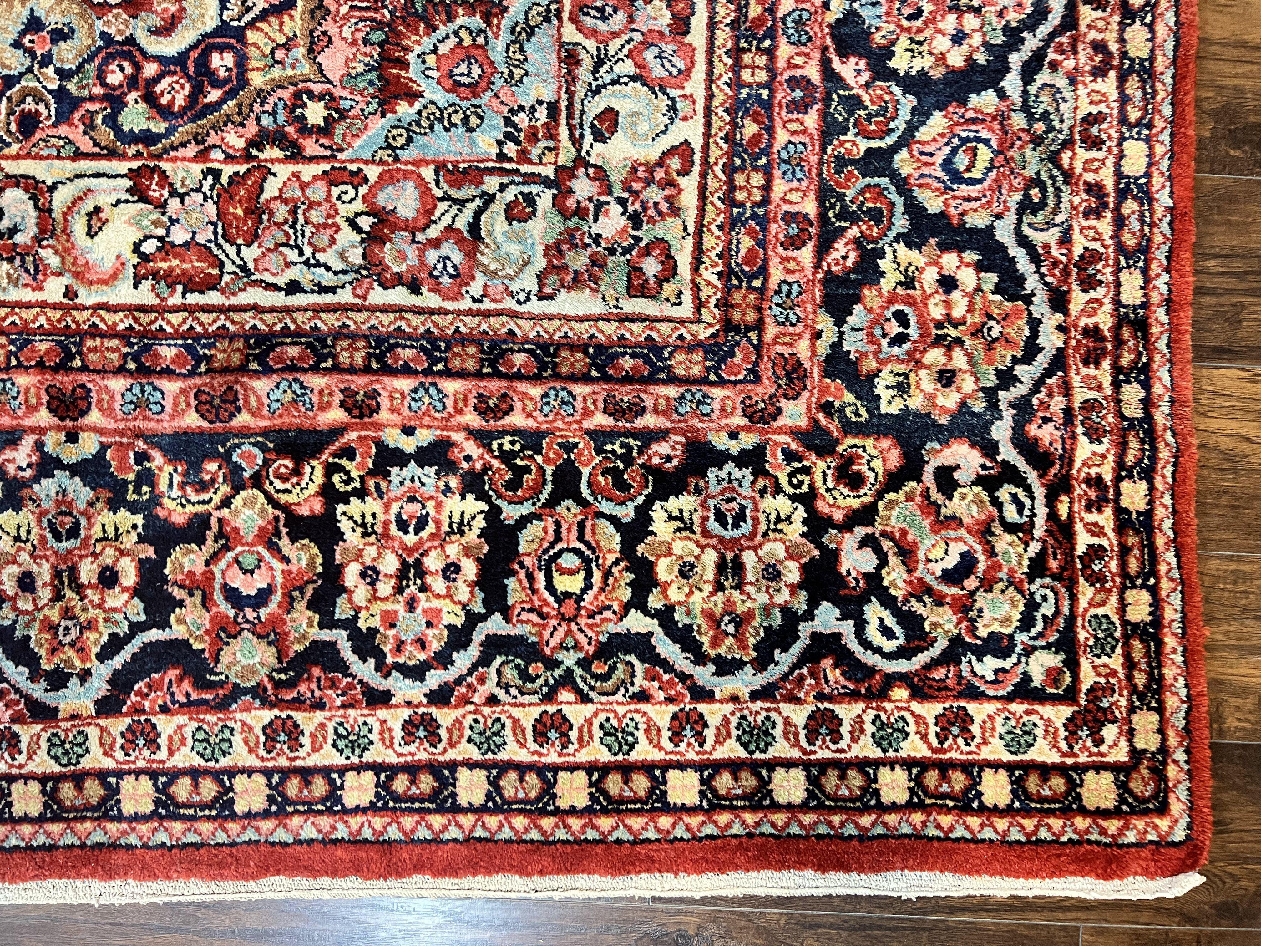 Persian Sarouk Rug 11x14, Semi Open Field, Large Antique Persian Wool Handmade Carpet, Red and Dark Blue, Floral - Jewel Rugs