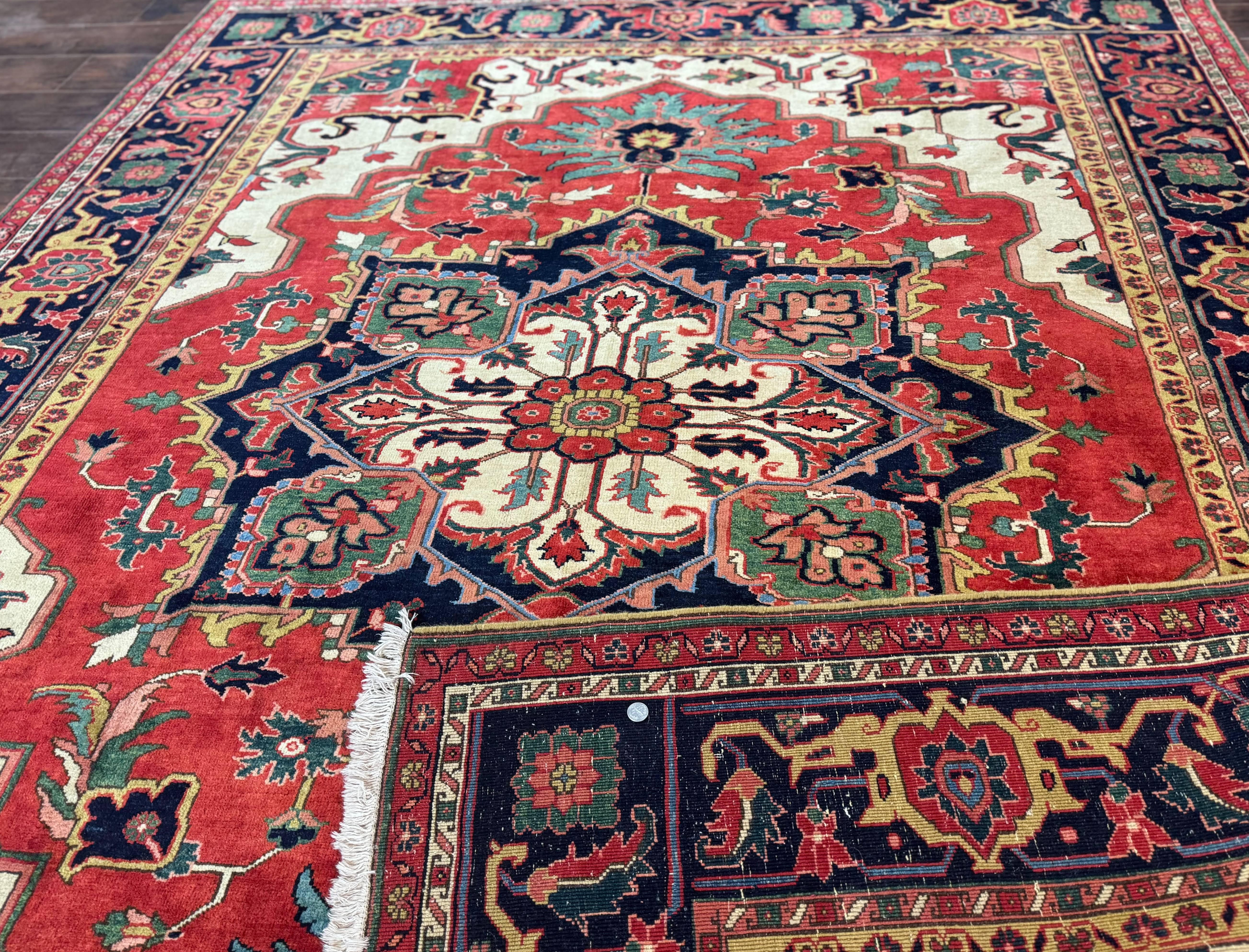 Persian Heriz Serapi Rug 8 x 10.6, Geometric Medallion, Great Colors, Rare, Red Navy Blue Ivory - Jewel Rugs