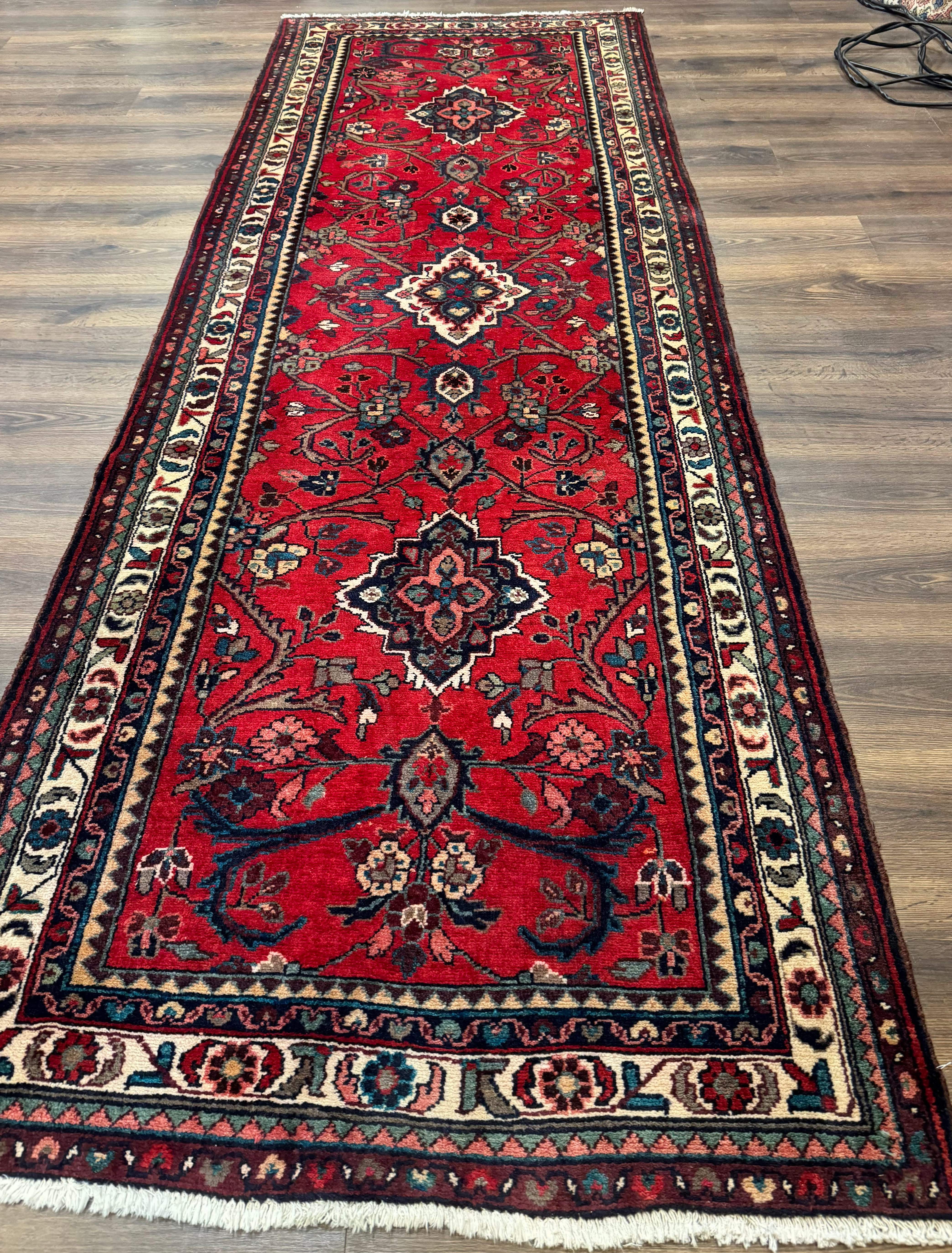 Persian Runner Rug 3.8 x 10, Red, Medallions, Hand Knotted Rug for Hallway, Hamadan Malayer - Jewel Rugs