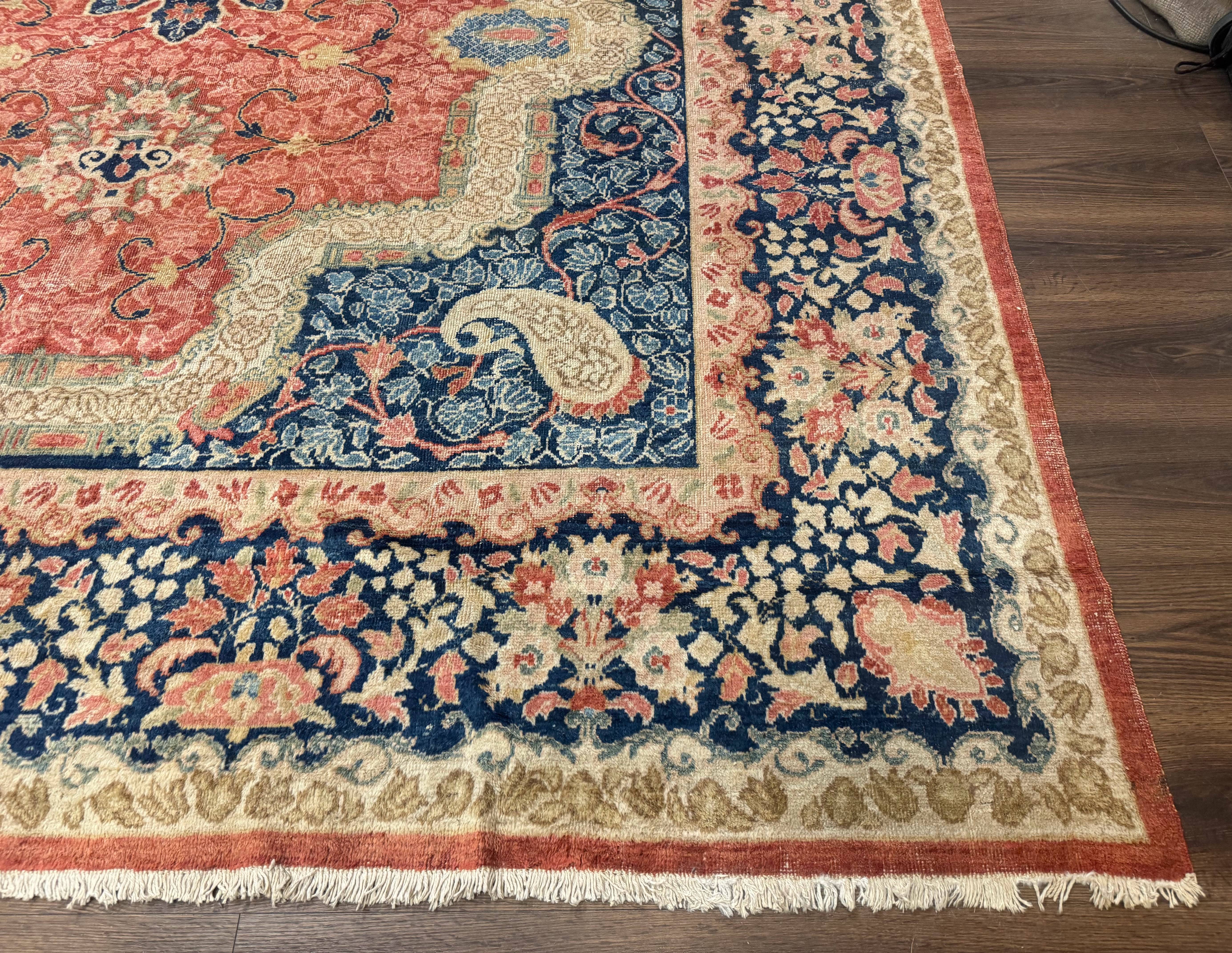Antique Persian Sarouk Rug 9x12, Boteh Paisleys, Light Red Navy Blue - Jewel Rugs