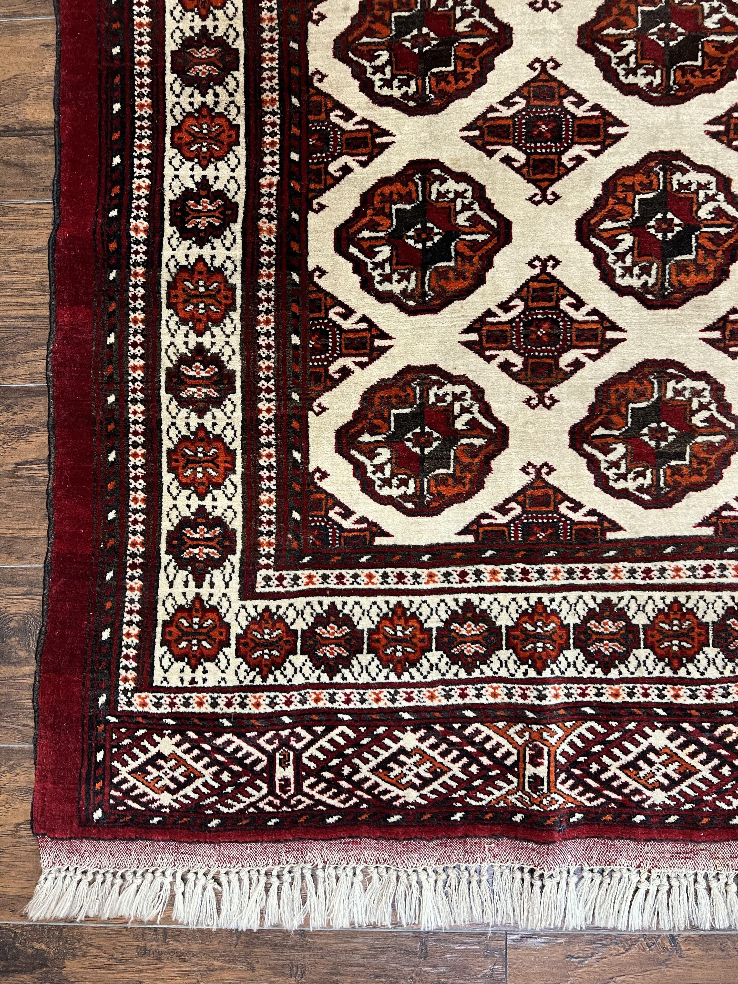 Persian Turkoman Rug 7x8, Almost Square Rare, Hand Knotted, Yamud, Bohemian Rug, Handmade Tribal Rug, Cream Red, Handmade Oriental Carpet - Jewel Rugs