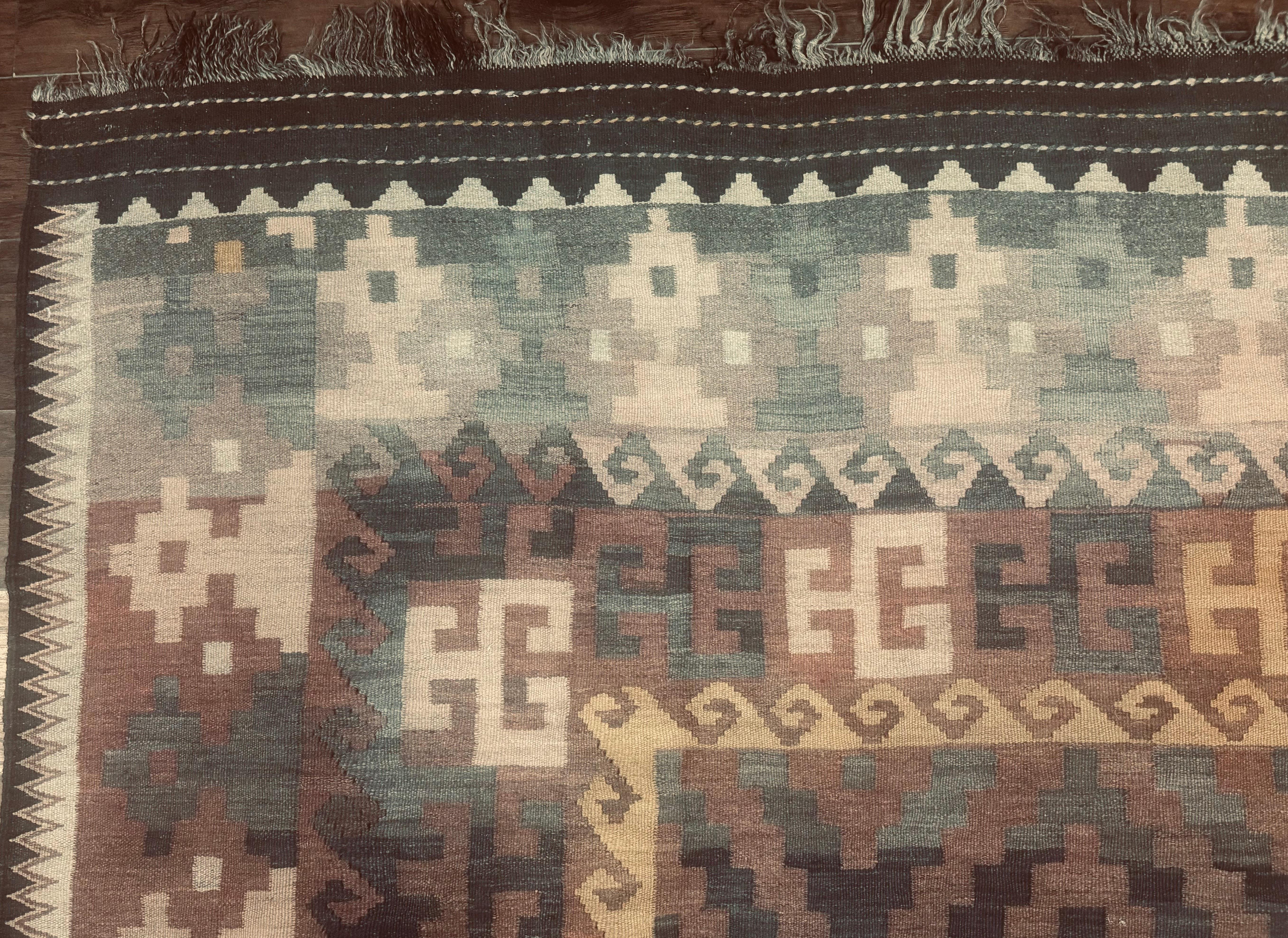 Antique Persian Tribal Kilim Rug 9x12, Zig Zag Pattern Kilim, Zarand Rug, Wool, Earth Tone Colors - Jewel Rugs