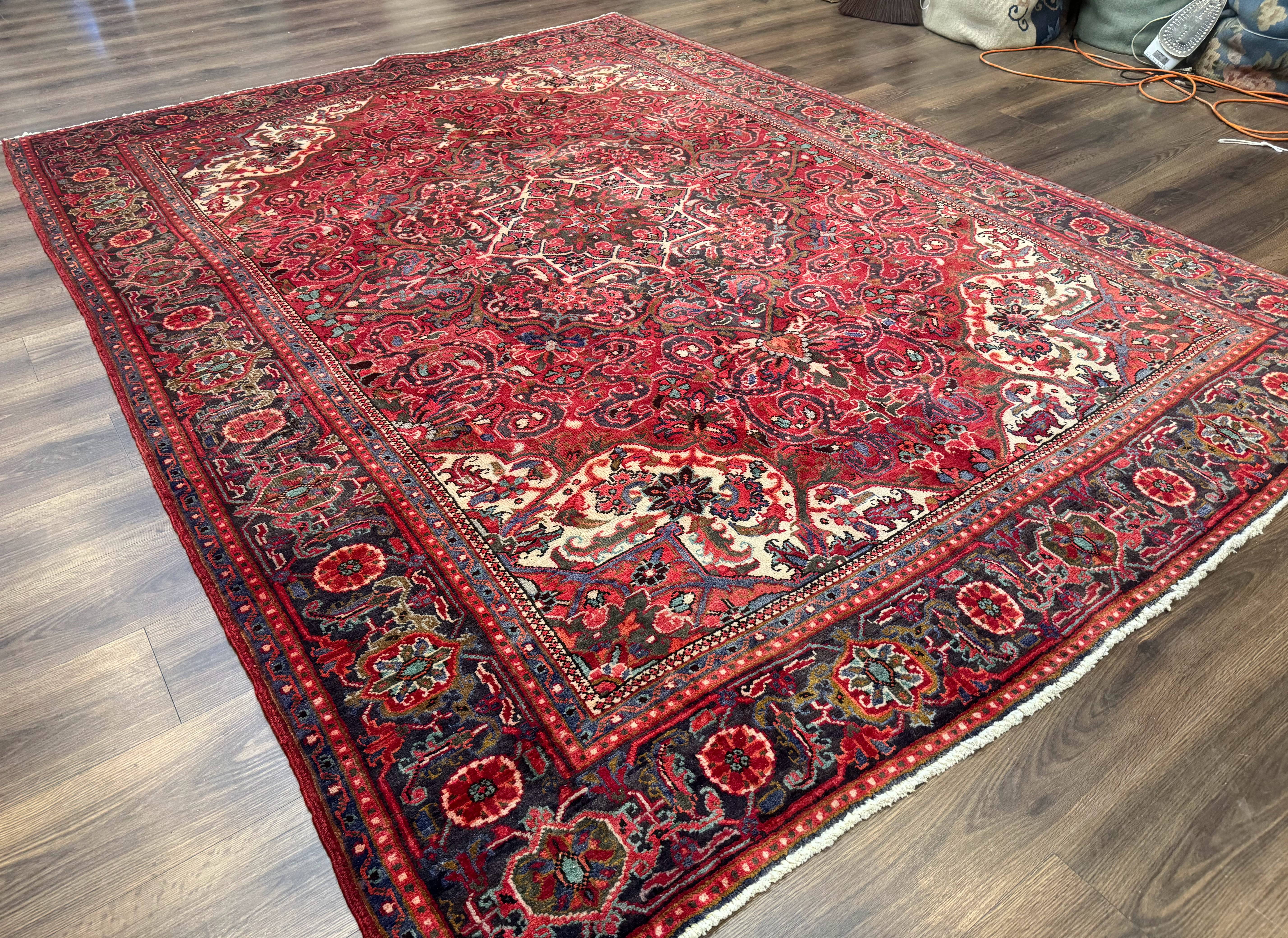Persian Heriz Rug 7x10, Red and Navy, Geometric Medallion, Vintage Wool Carpet - Jewel Rugs
