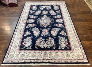 Indo Persian Sarouk Rug 6x9, Floral Hand Knotted Vintage Wool Carpet, Navy Blue and Cream