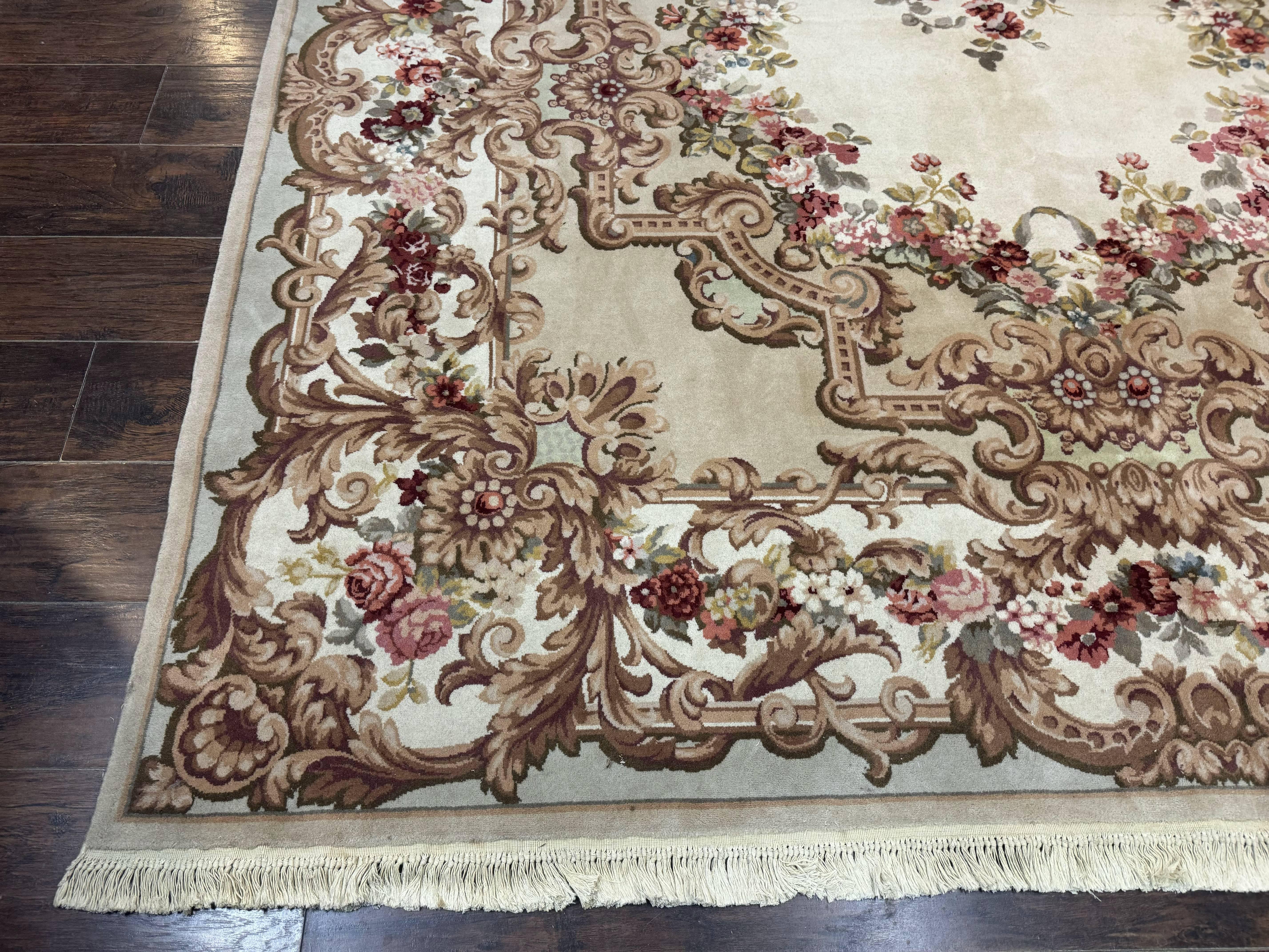 Aubusson Rug 8x12, European French Savonnerie Design, Thick Wool Pile, Elegant Rug, Cream Beige Light Green - Jewel Rugs