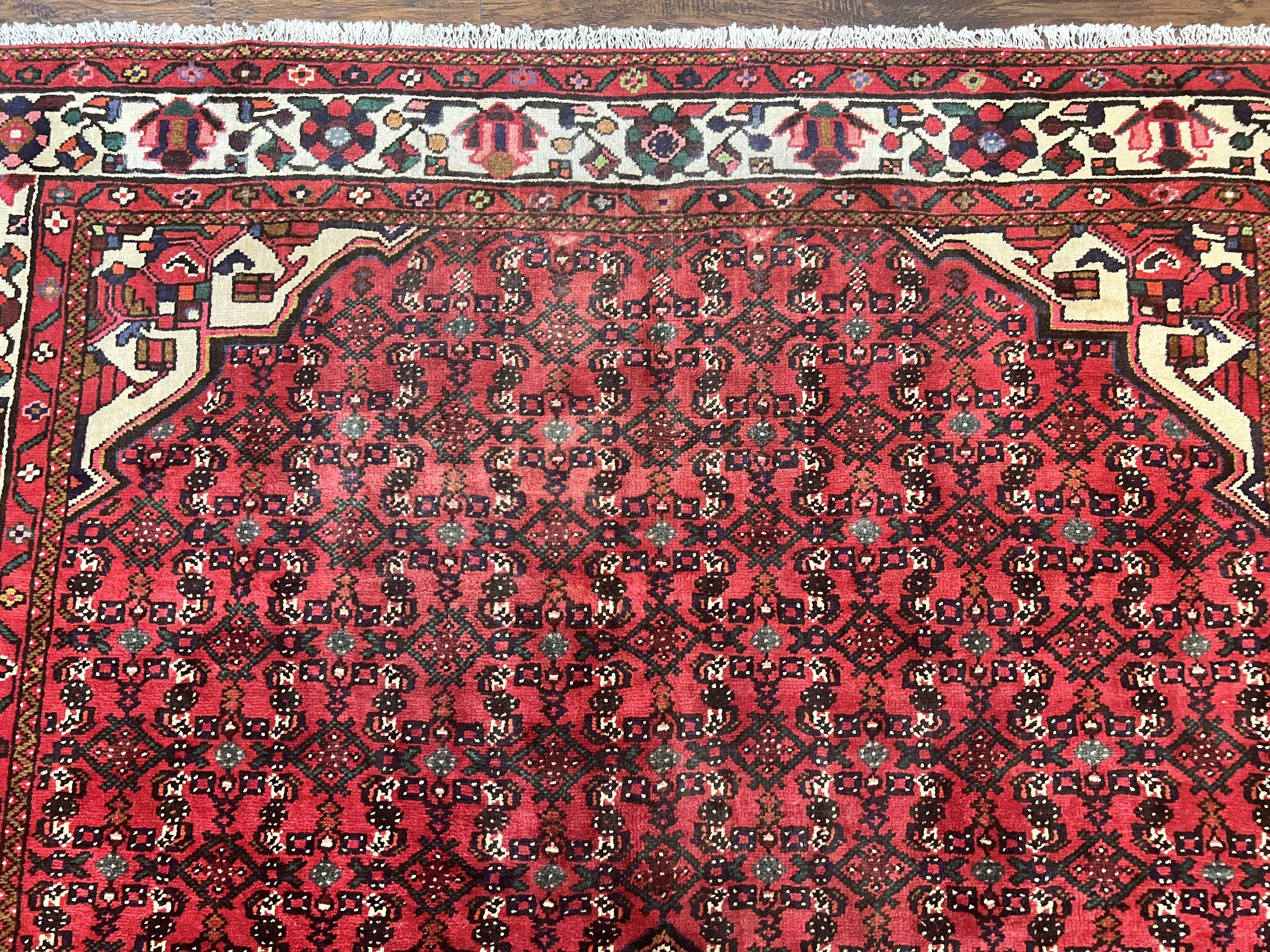 Persian Tribal Rug 7x10, Wool Handmade Semi Antique Vintage Hamadan Dargazine Carpet, Red & Ivory Allover Floral Medallion Rug, 7 x 10 Room Sized Oriental Rug - Jewel Rugs