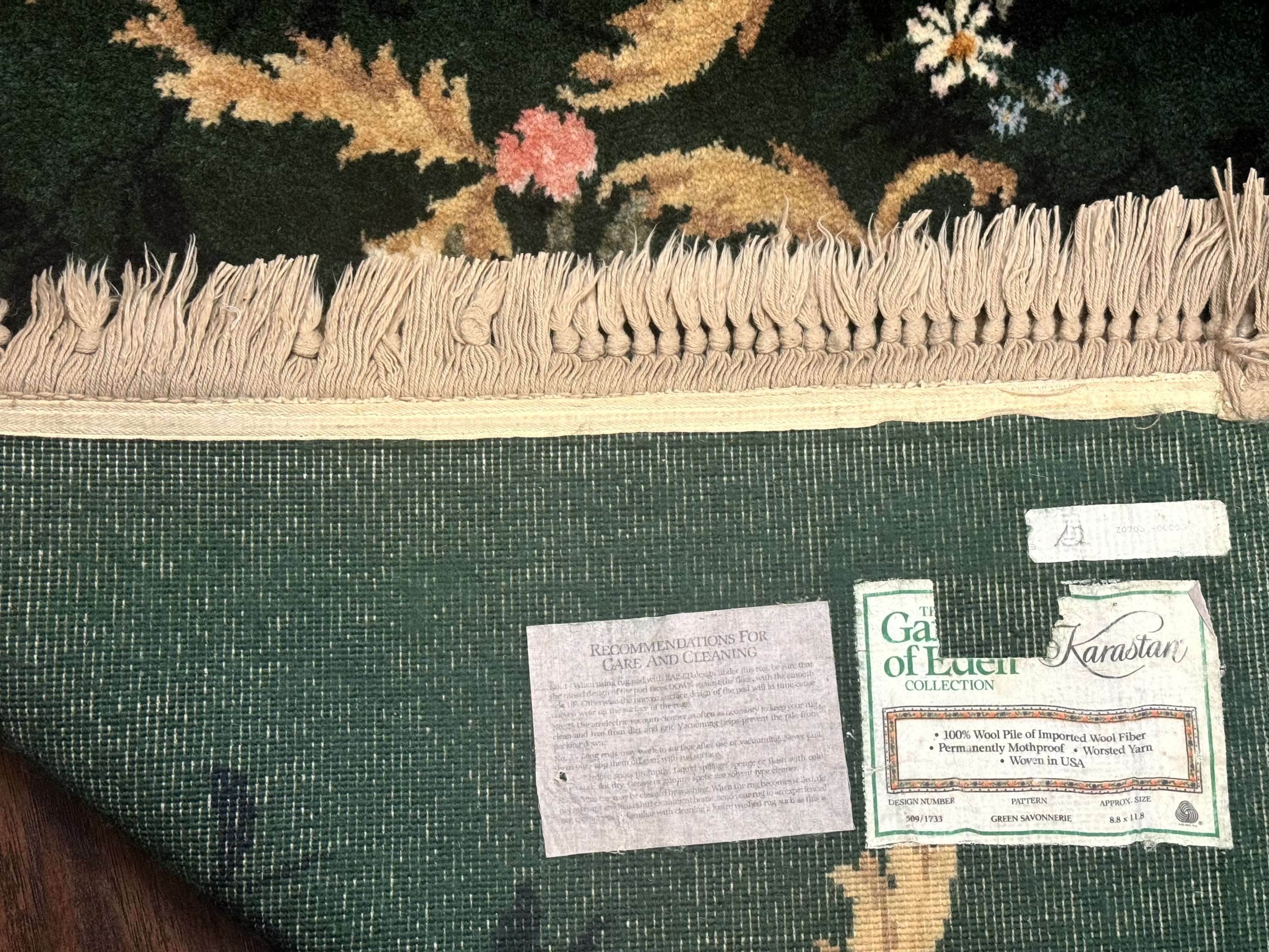 Karastan Garden of Eden Rug 8.8 x 11.8, Green Savonnerie 509/1733, Wool - Jewel Rugs