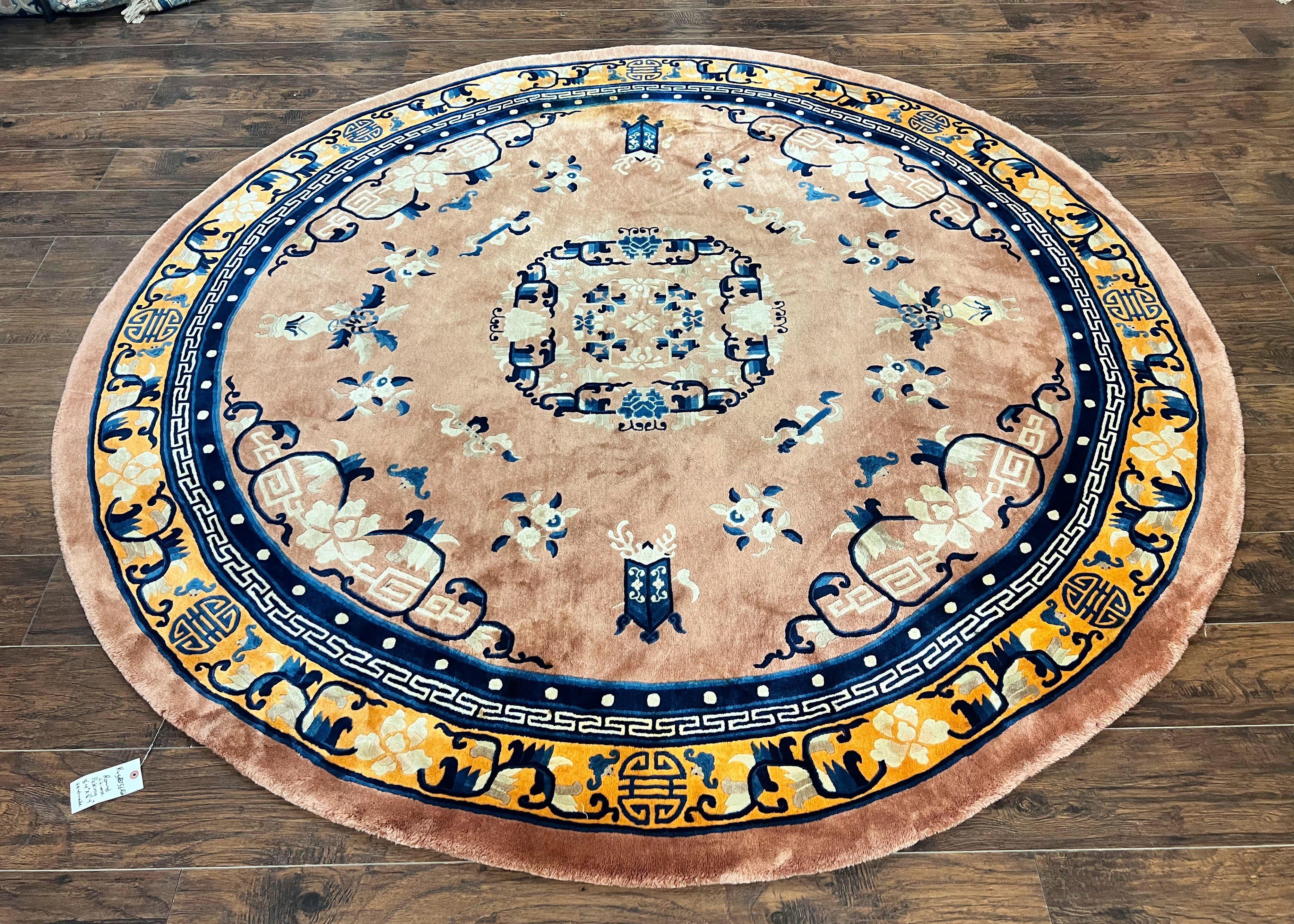 Antique Round Chinese Wool Rug 8x8, Chinese Peking Carpet, Asian Oriental Carpet 8 x 8 ft, Chinese Art Deco Rug, Nichols Rug - Jewel Rugs