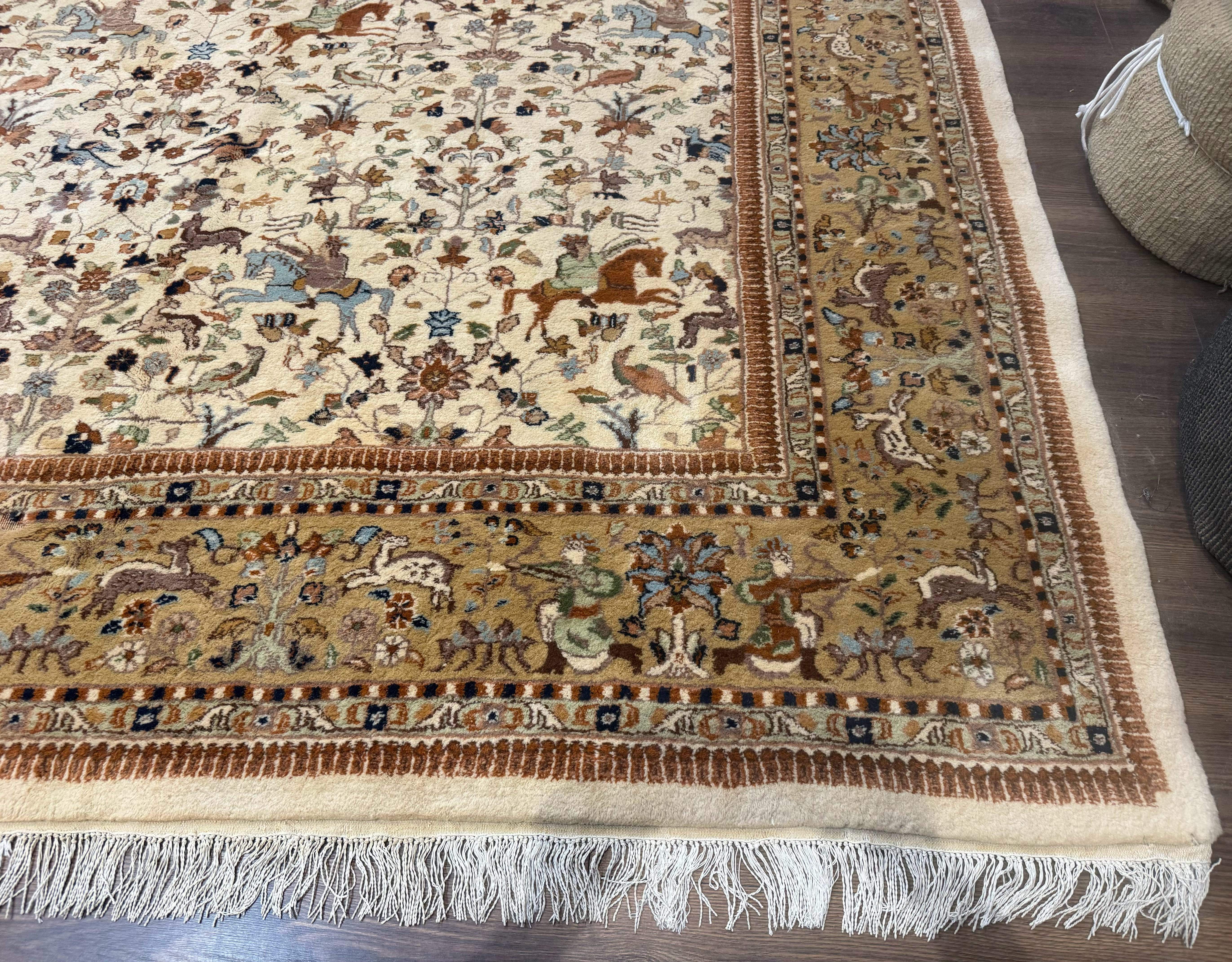Palace Size Persian Tabriz Rug 12x15 – Beige and Tan, Hunting Design, Wool, Animal Pictorials - Jewel Rugs