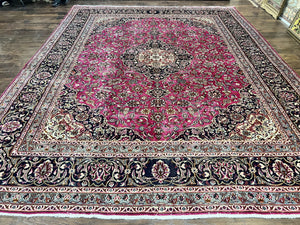 Persian Rug 10x13, Wool Hand Knotted Antique Kashmar Carpet, Raspberry Red & Navy Blue, Floral Medallion, Traditional Oriental Rug 10 x 13