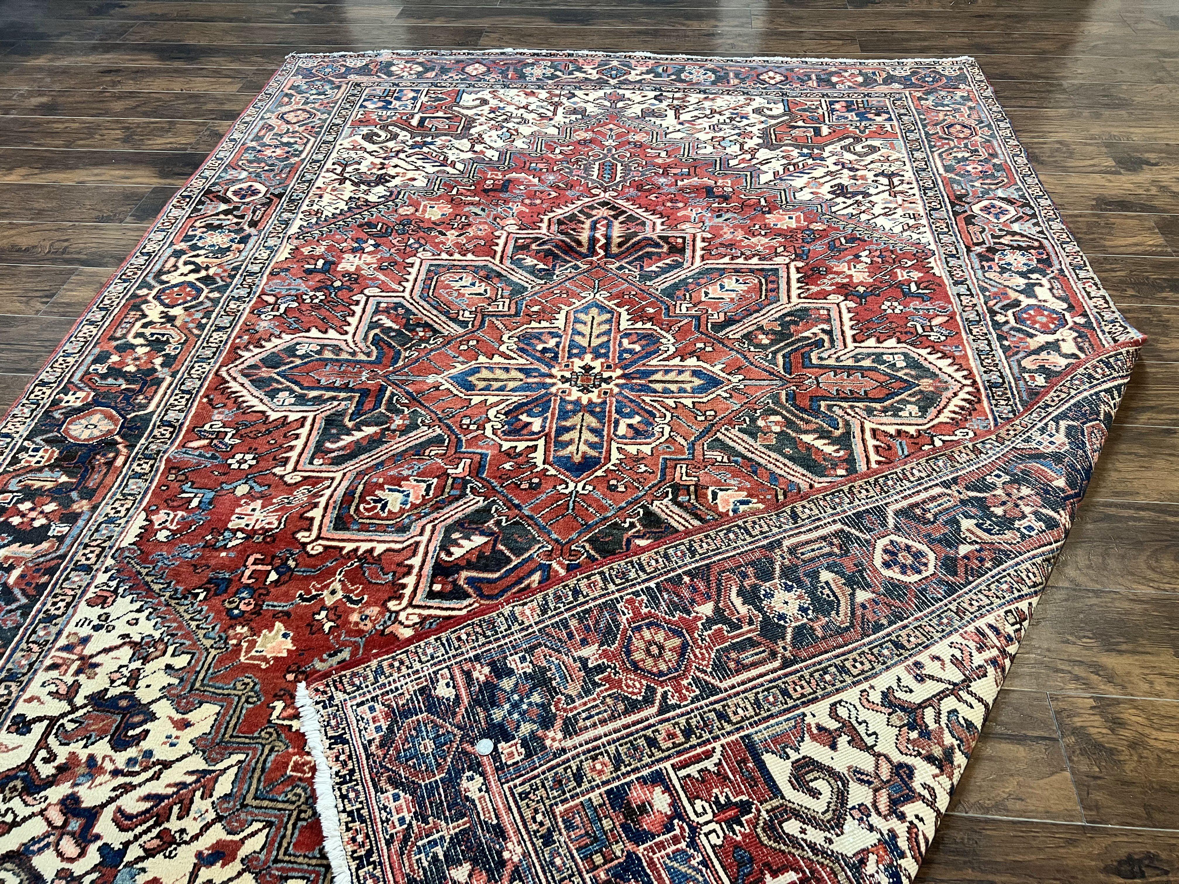 Persian Heriz Rug 8x11, Wool Hand Knotted Antique Carpet, Red Navy Blue Ivory, Geometric Rug, 8 x 11 Room Sized Oriental Rug - Jewel Rugs