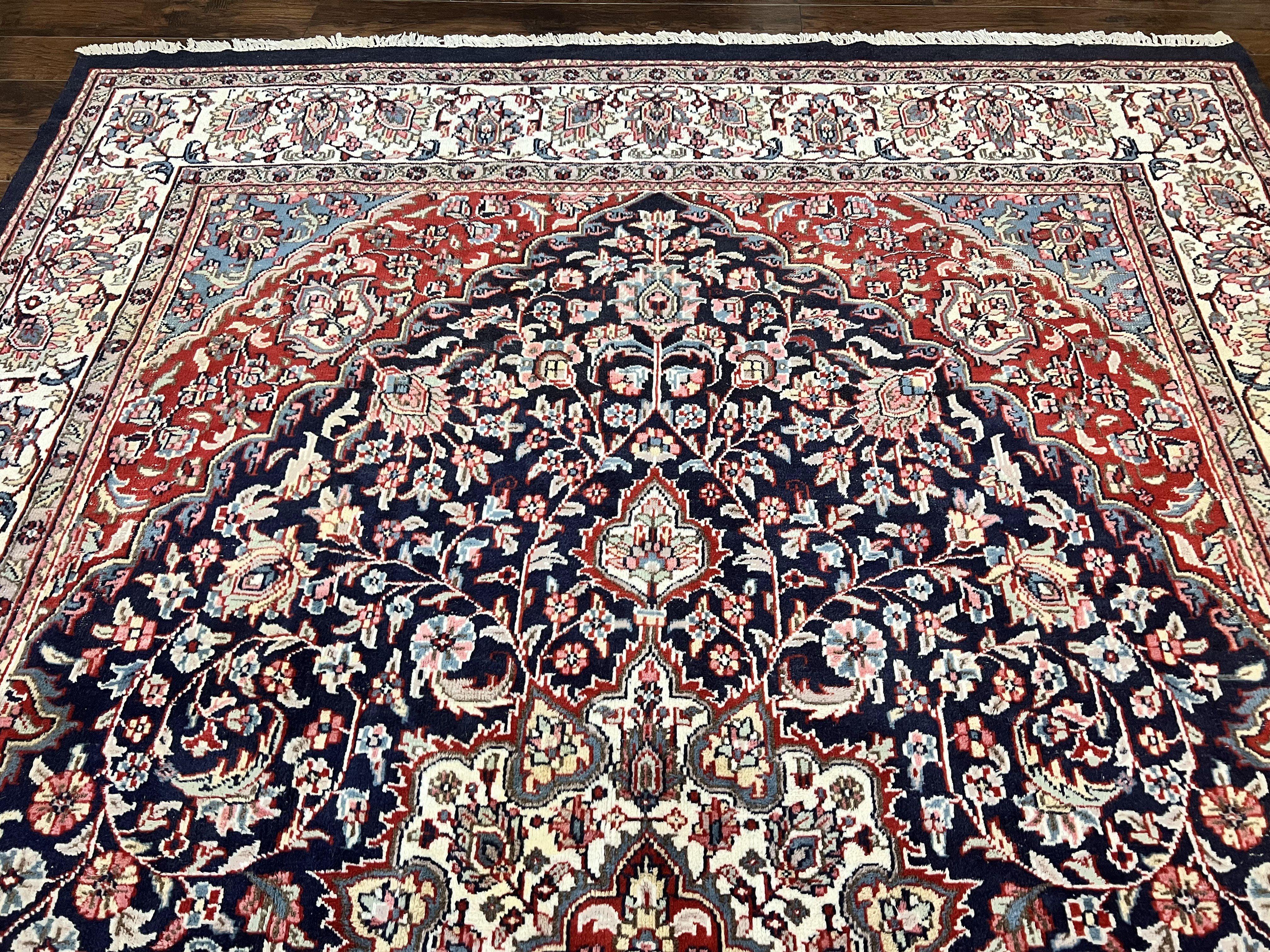 Indo Persian Rug 10x15, Floral Allover, Handmade Vintage Wool Carpet, Dark Blue Ivory Red, Palace Size Traditional Rug - Jewel Rugs