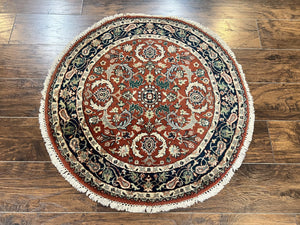 Round Rug 3x3, Indo Persian Oriental Carpet 3ft Round, Small Round Rug, Red Floral Allover Wool Hand Knotted Vintage Traditional Rug