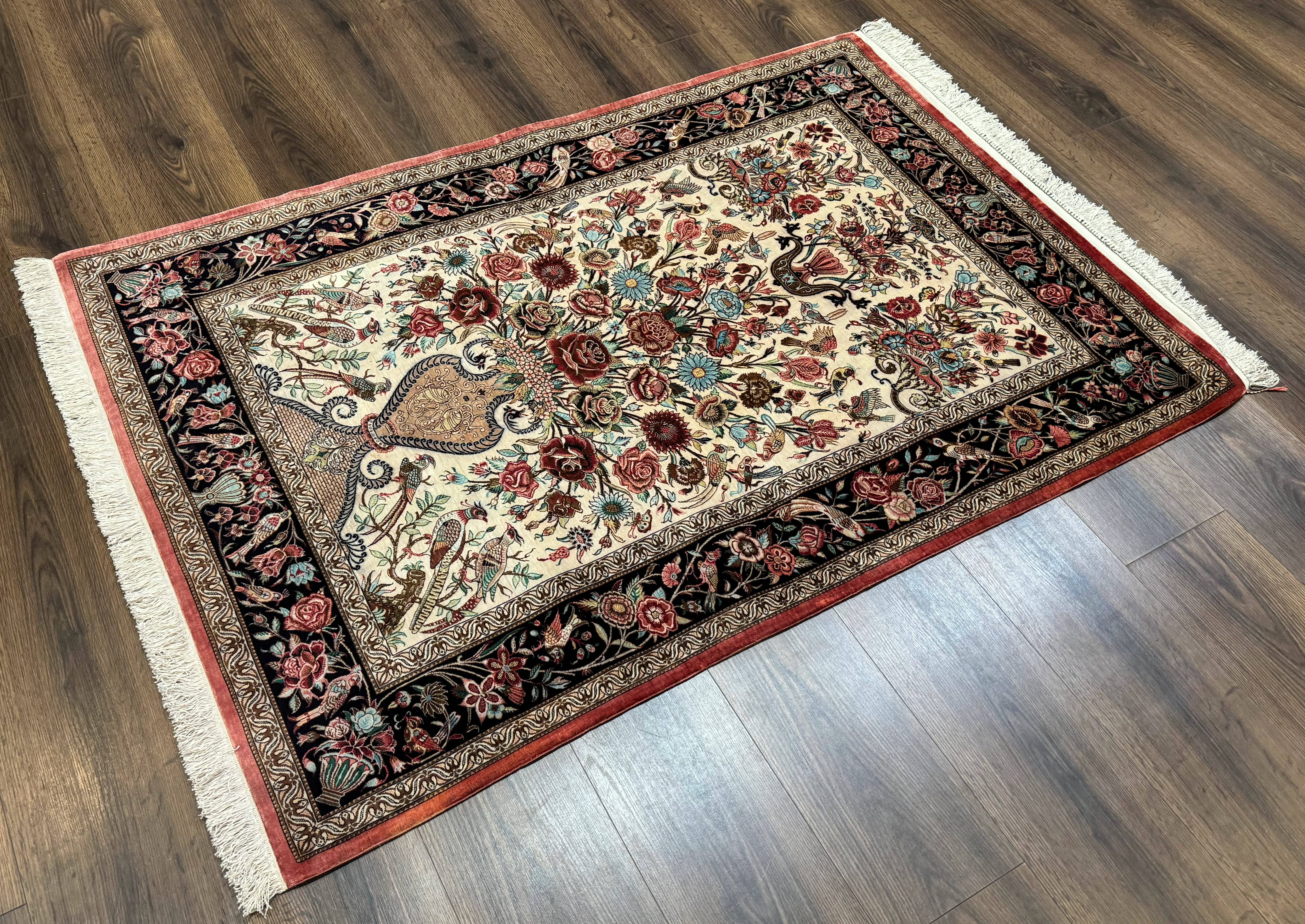Marvelous Persian Qum Silk Rug 3x5, Exceptionally Fine 650 KPSI, Persian Vase & Birds, Signed Mir Mehdi, Rare - Jewel Rugs