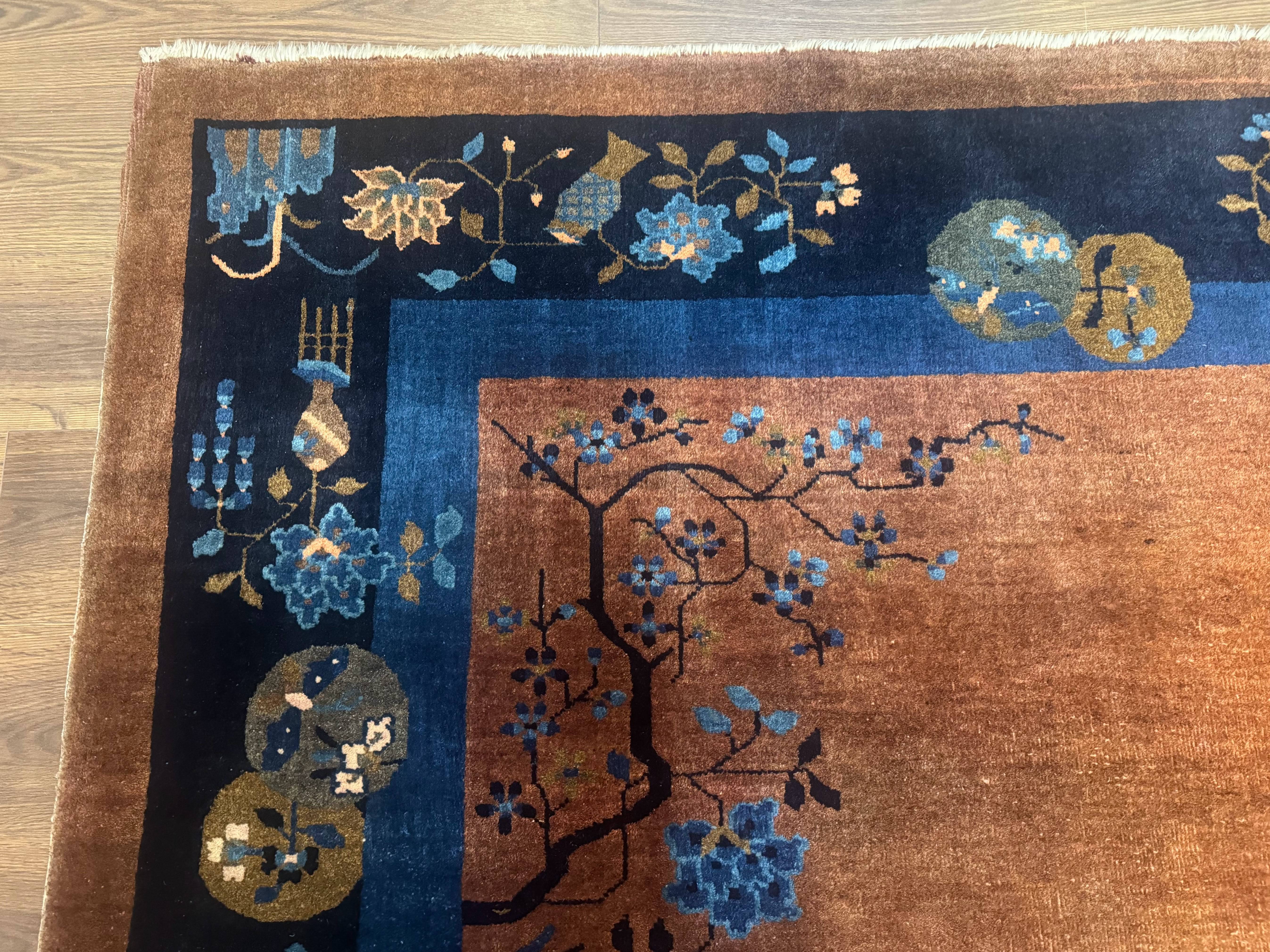 Antique Chinese Wool Rug 9x12, Light Brown and Navy Blue, Fete Peking Art Deco - Jewel Rugs