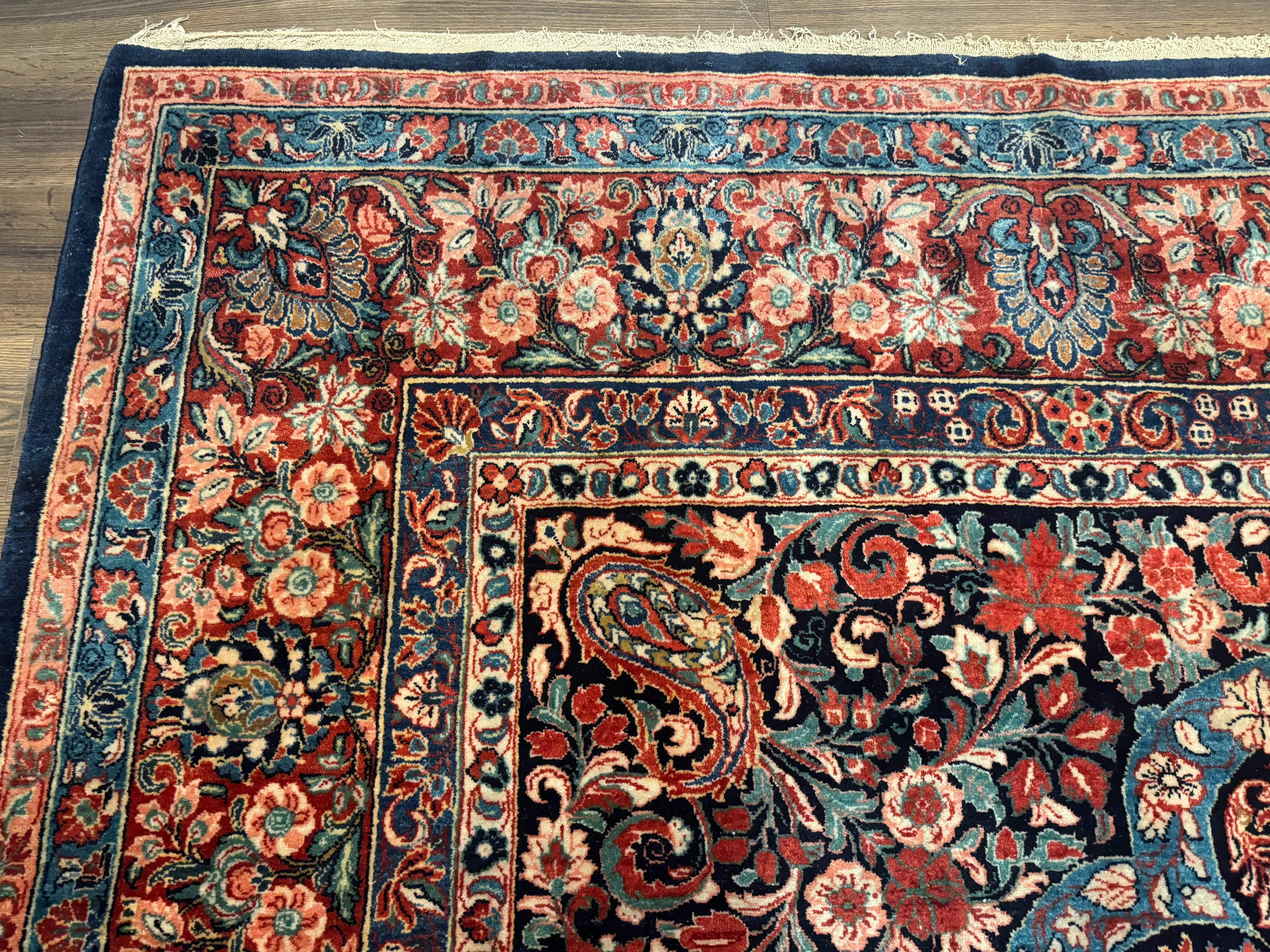 Persian Sarouk Rug 10x16 – Navy Blue and Red, Hand-Knotted Wool Antique Carpet - Jewel Rugs