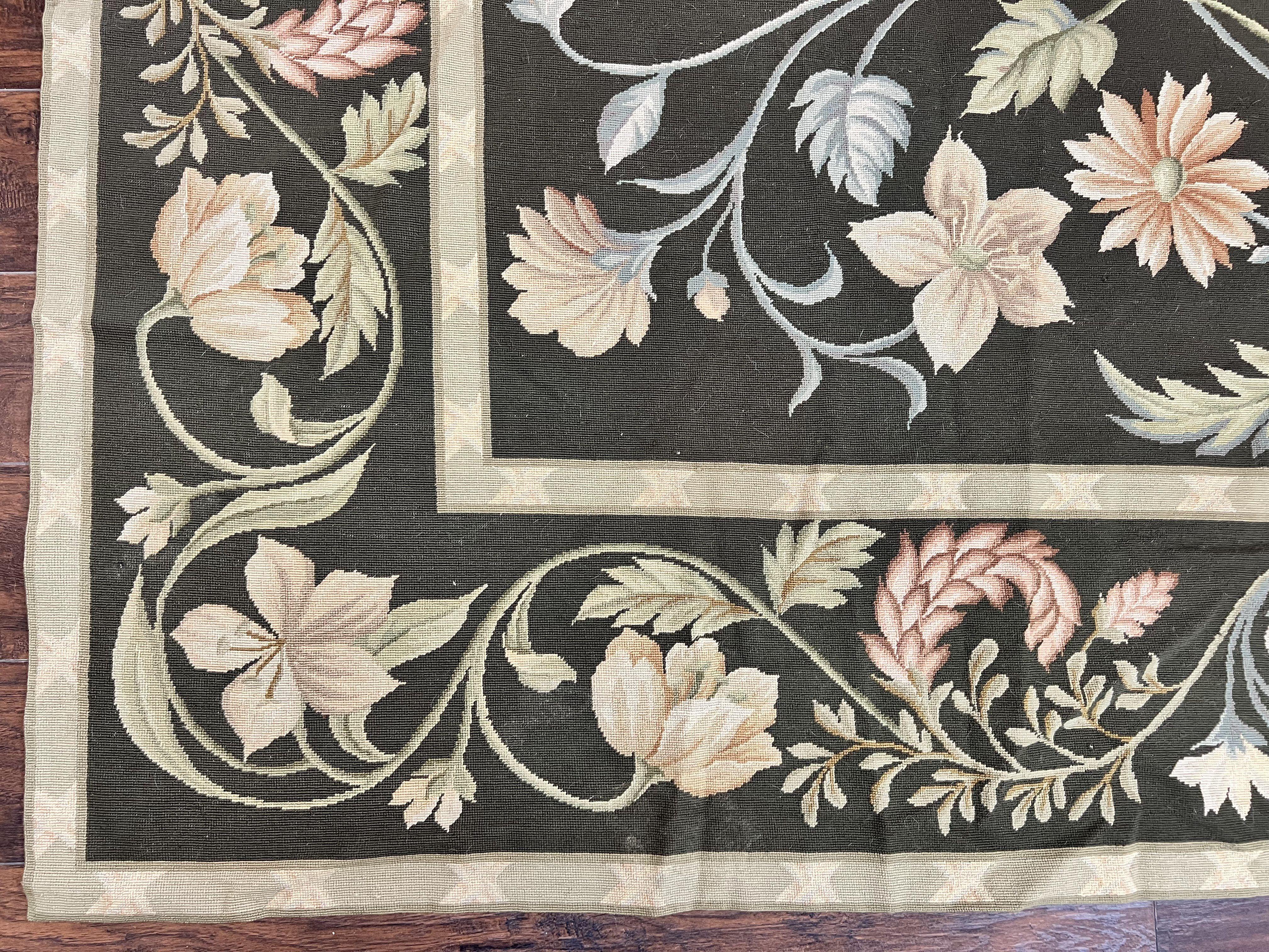 Large Needlepoint Rug 11x16, Dark Green Floral Elegant European Design Vintage Wool Handmade Carpet, Palace Size Rug - Jewel Rugs