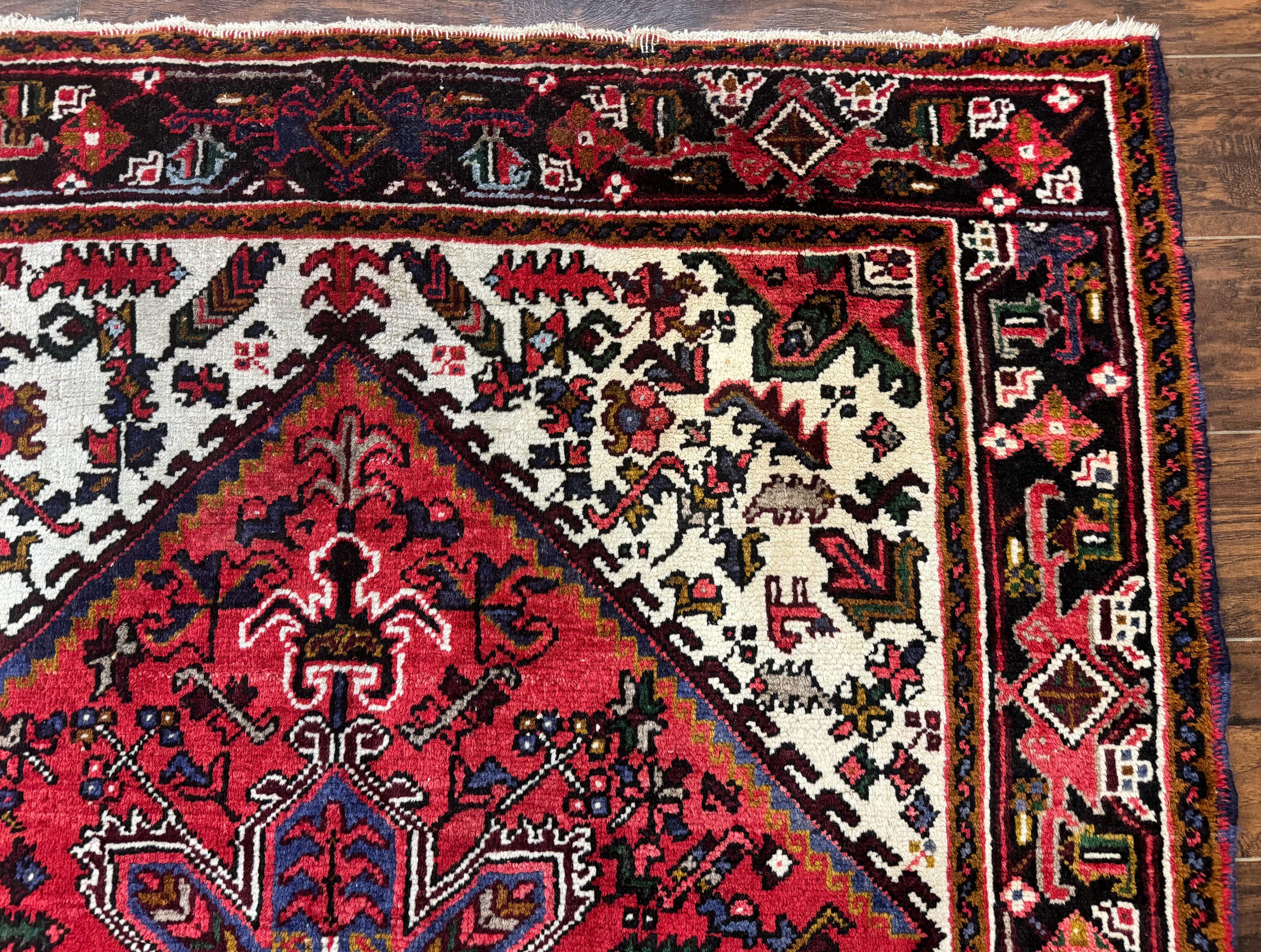 Persian Heriz Rug 5x6 – Red and Ivory, Hand-Knotted Wool, Vintage Geometric Carpet - Jewel Rugs