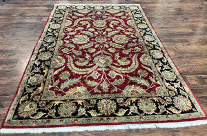 Indo Persian Rug 6x9, Wool Hand Knotted Vintage Carpet, Dark Red & Midnight Blue, Floral Allover, Indian Mahal Oriental Rug 6 x 9
