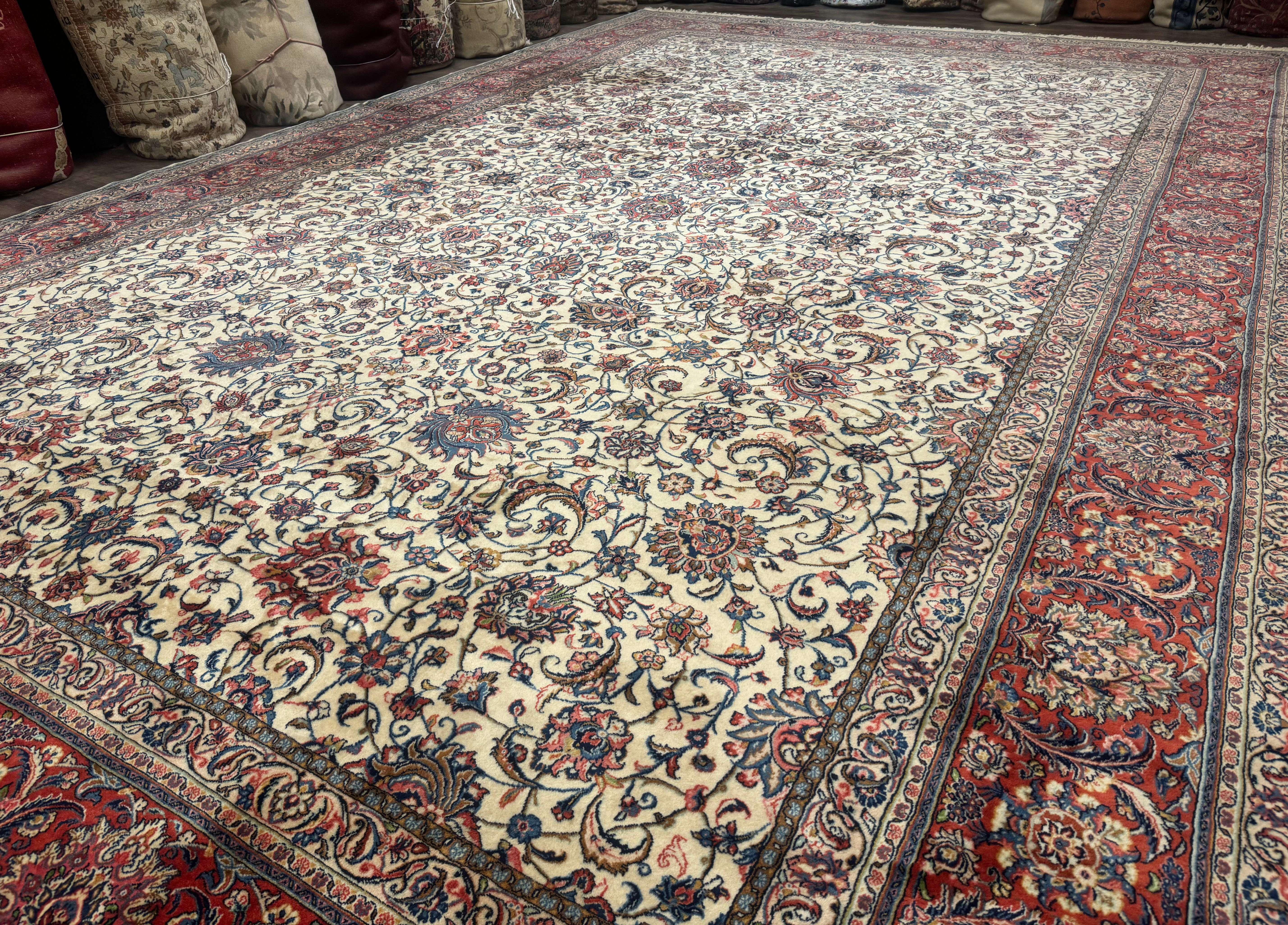 Ivory Persian Sarouk Rug 13x20, Palace Size Carpet, 225 KPSI, Traditional Wool Handmade Vintage Extra Large Rug 13 x 20 ft, Allover Pattern, - Jewel Rugs