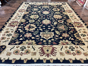 Indo Persian Rug 10x14, Wool Handmade Room Sized Floral Oriental Carpet, Indian Mahal Flatweave Rug, Black Beige