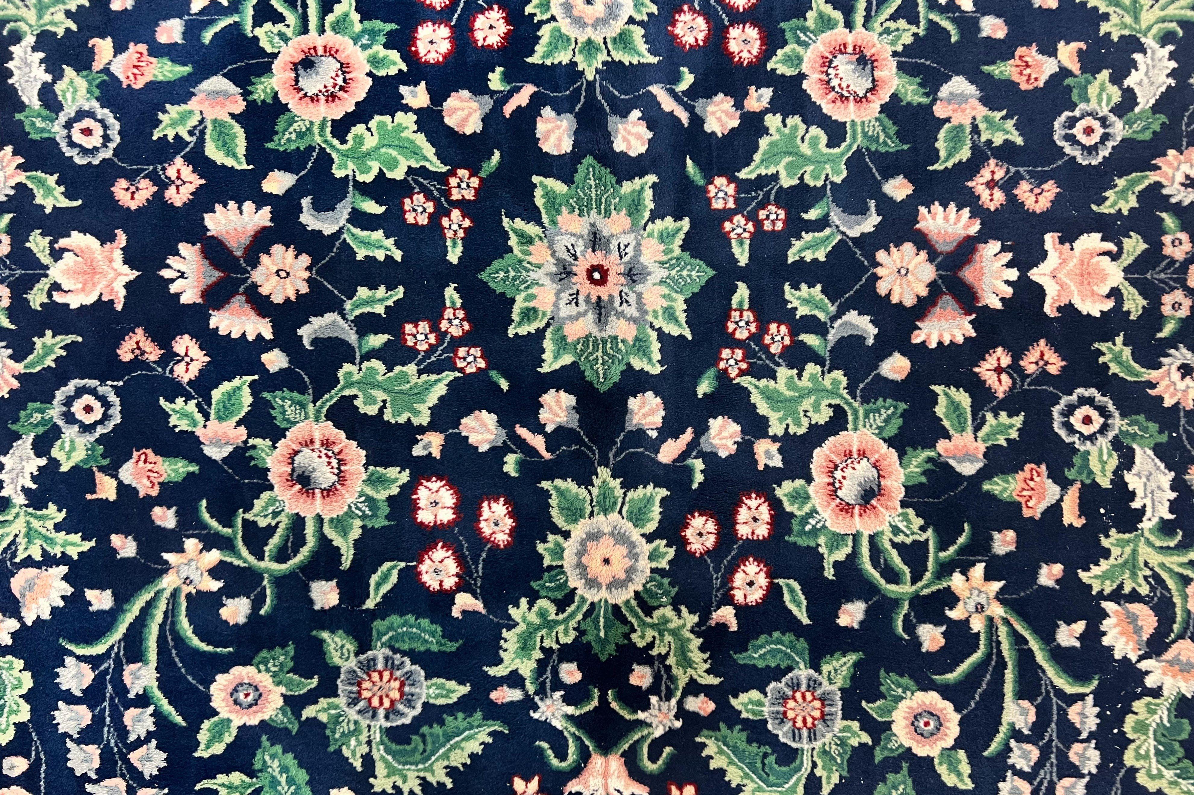 Indo Persian Rug 9x12, Wool Hand Knotted Vintage Carpet, Navy Blue & Ivory, Floral Allover Oriental Rug, 9 x 12 Room Sized Traditional Rug - Jewel Rugs