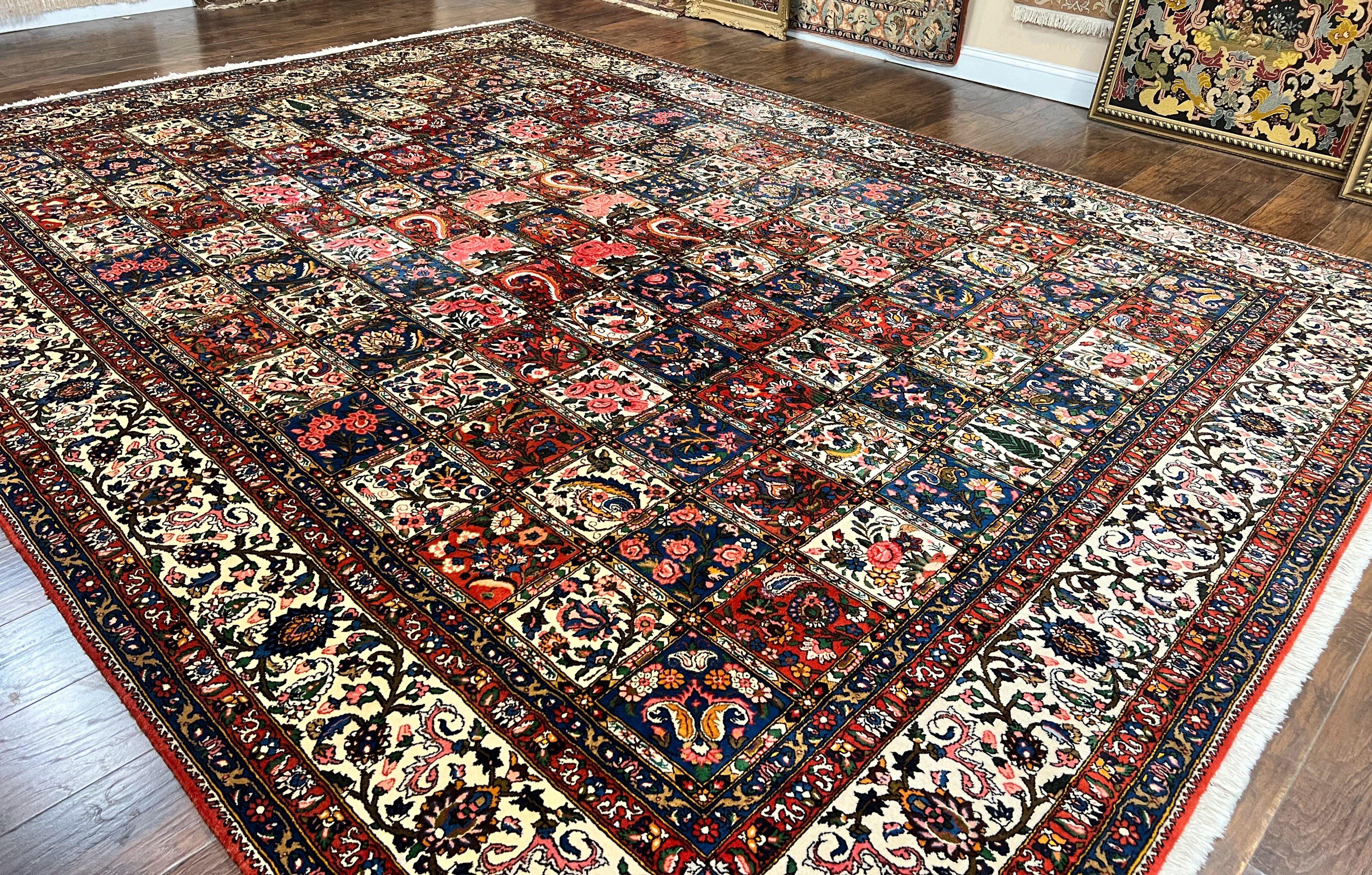 Persian Bakhtiari Rug 10x14, Wool Hand Knotted Vintage Carpet, Multicolor Khesti Panel Design, Large Room Sized Semi Antique Oriental Rug 10 x 14 - Jewel Rugs