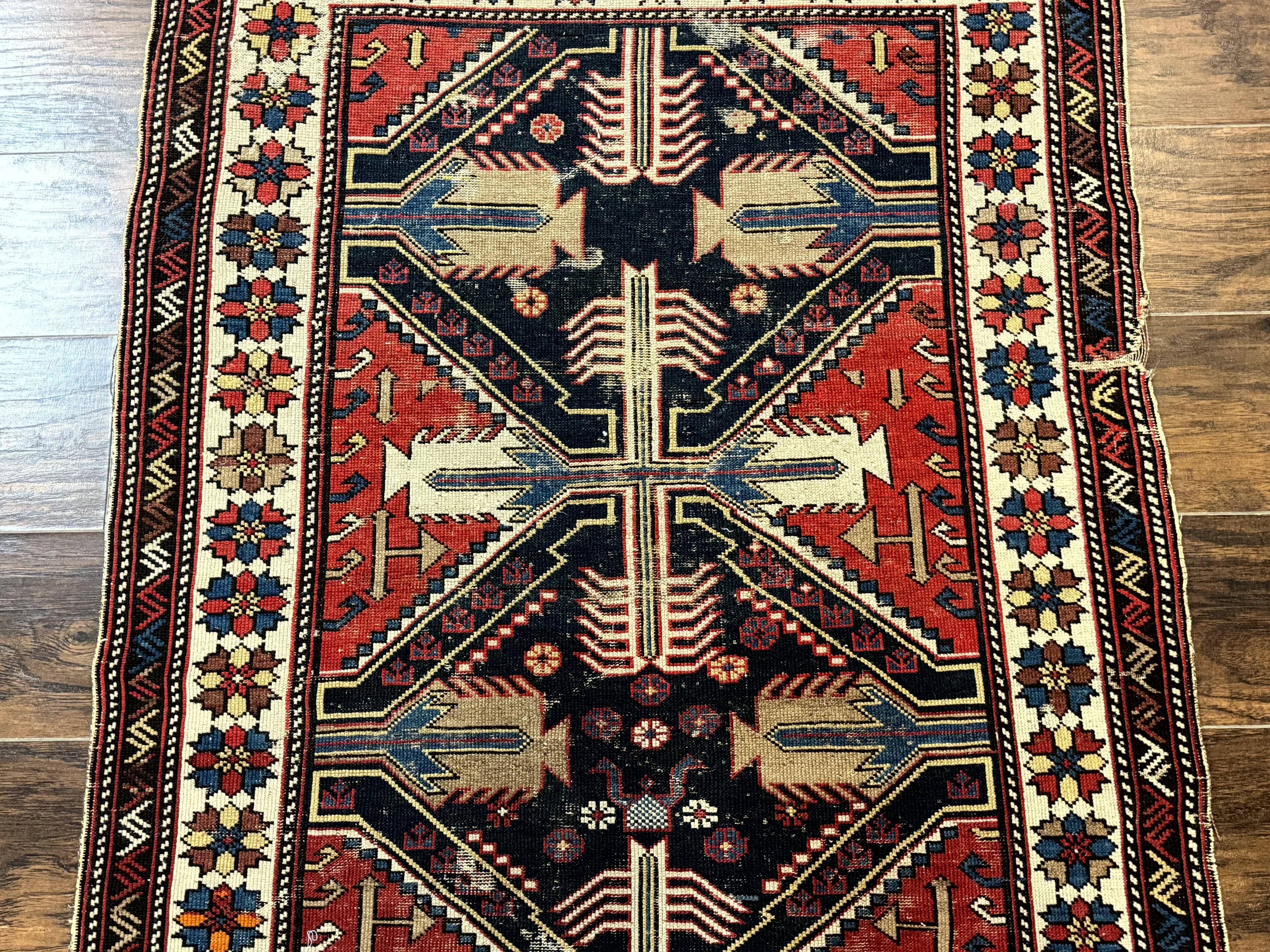 Antique Shirvan Caucasian Rug 3x5, Geometric Pattern, Red Navy Blue Beige - Jewel Rugs