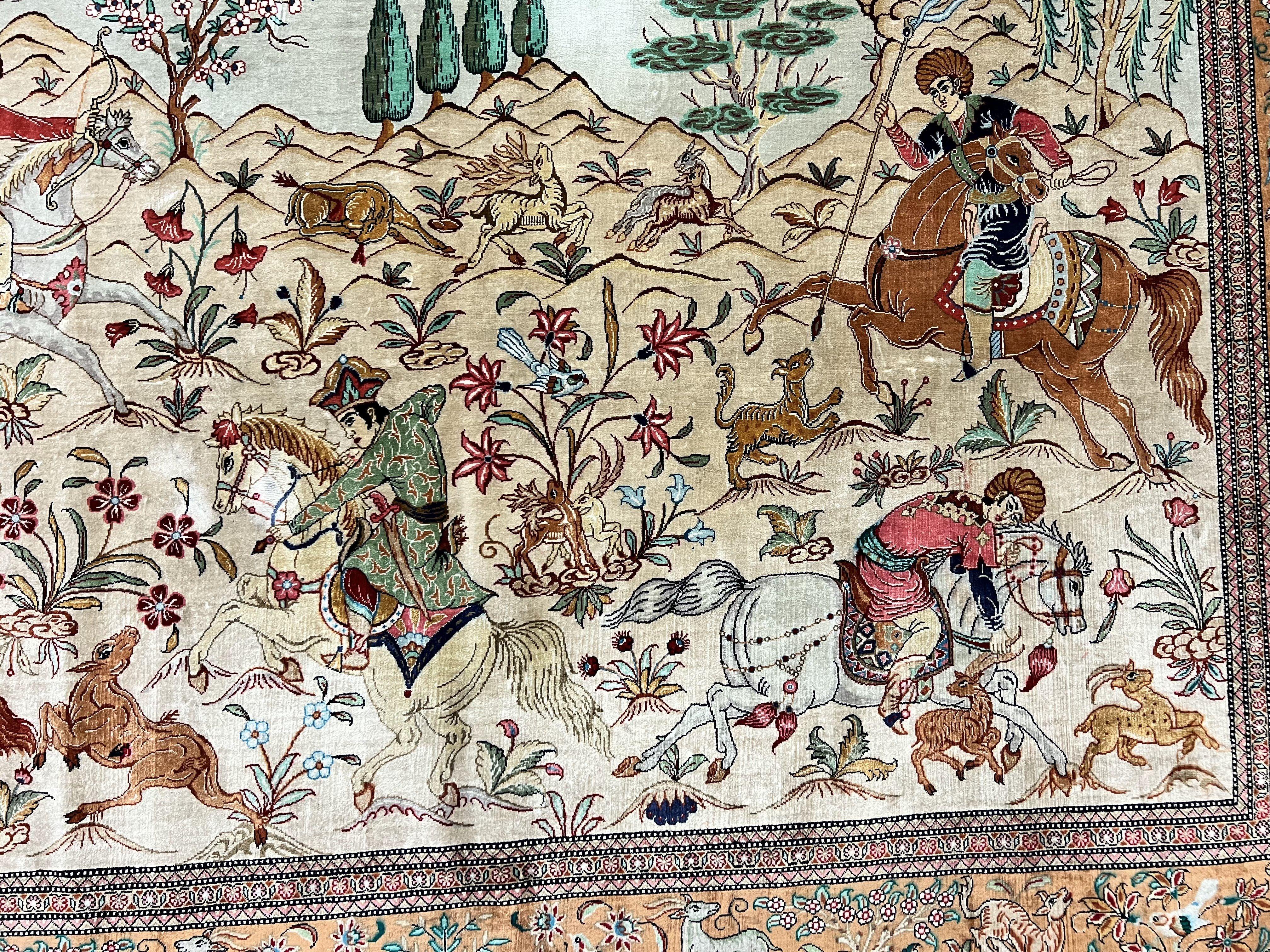 Silk Persian Qum Rug 3x5, Hunting Pattern, Handmade Vintage Carpet, Signed by Master Weaver, Horsemen Pictorials, Super Fine 650 KPSI - Jewel Rugs