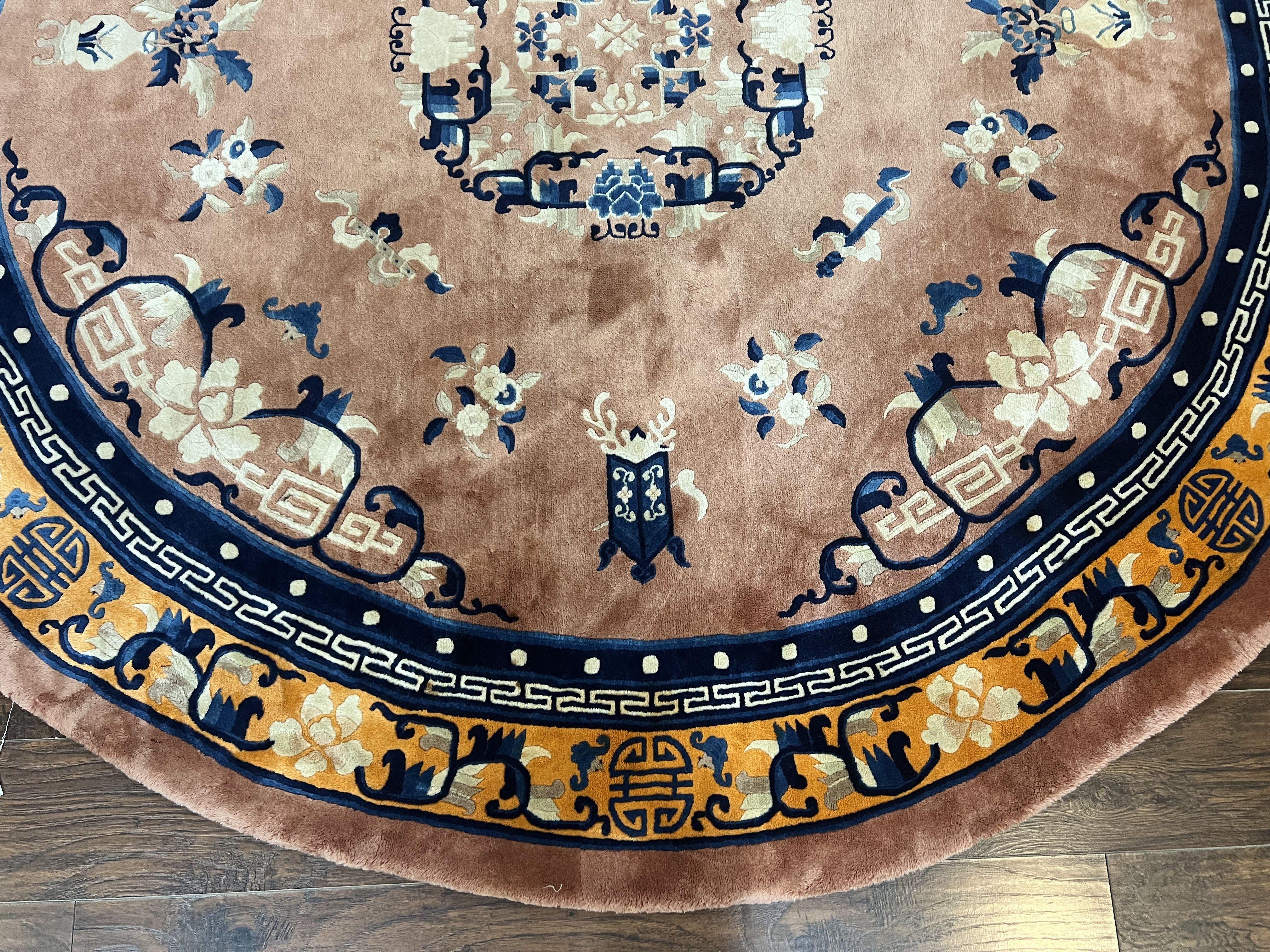 Antique Round Chinese Wool Rug 8x8, Chinese Peking Carpet, Asian Oriental Carpet 8 x 8 ft, Chinese Art Deco Rug, Nichols Rug - Jewel Rugs
