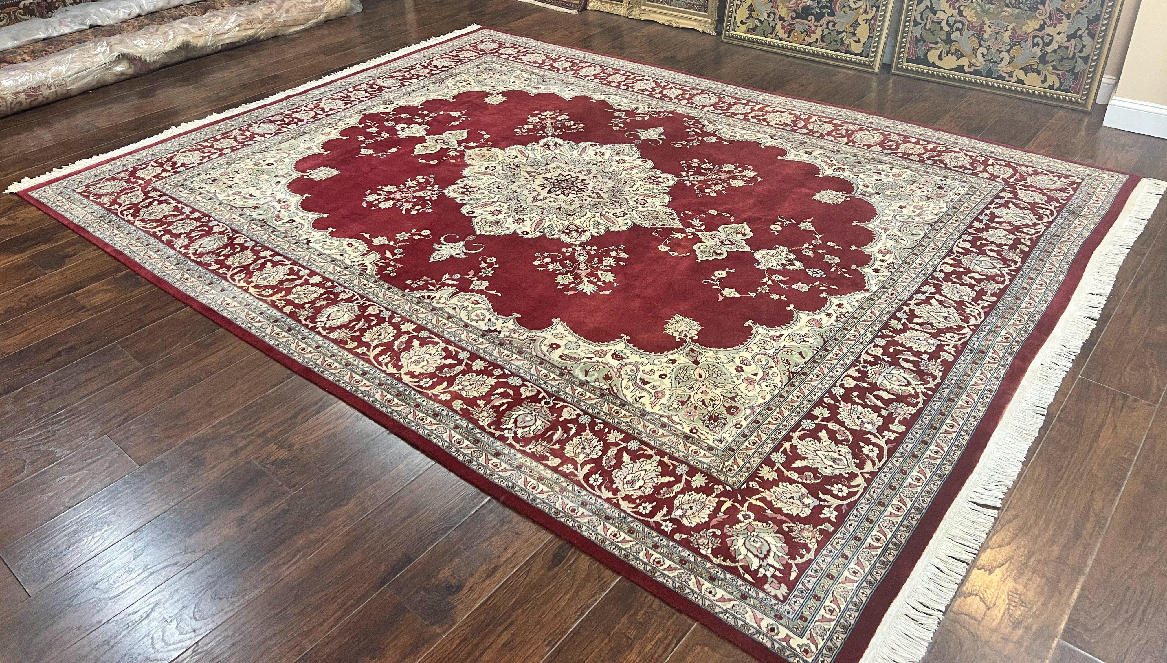Pak Persian Rug 9x12, Handmade Vintage Traditional Wool Carpet, Floral Medallion, Dark Red Ivory/Cream, Fine 250 KPSI - Jewel Rugs