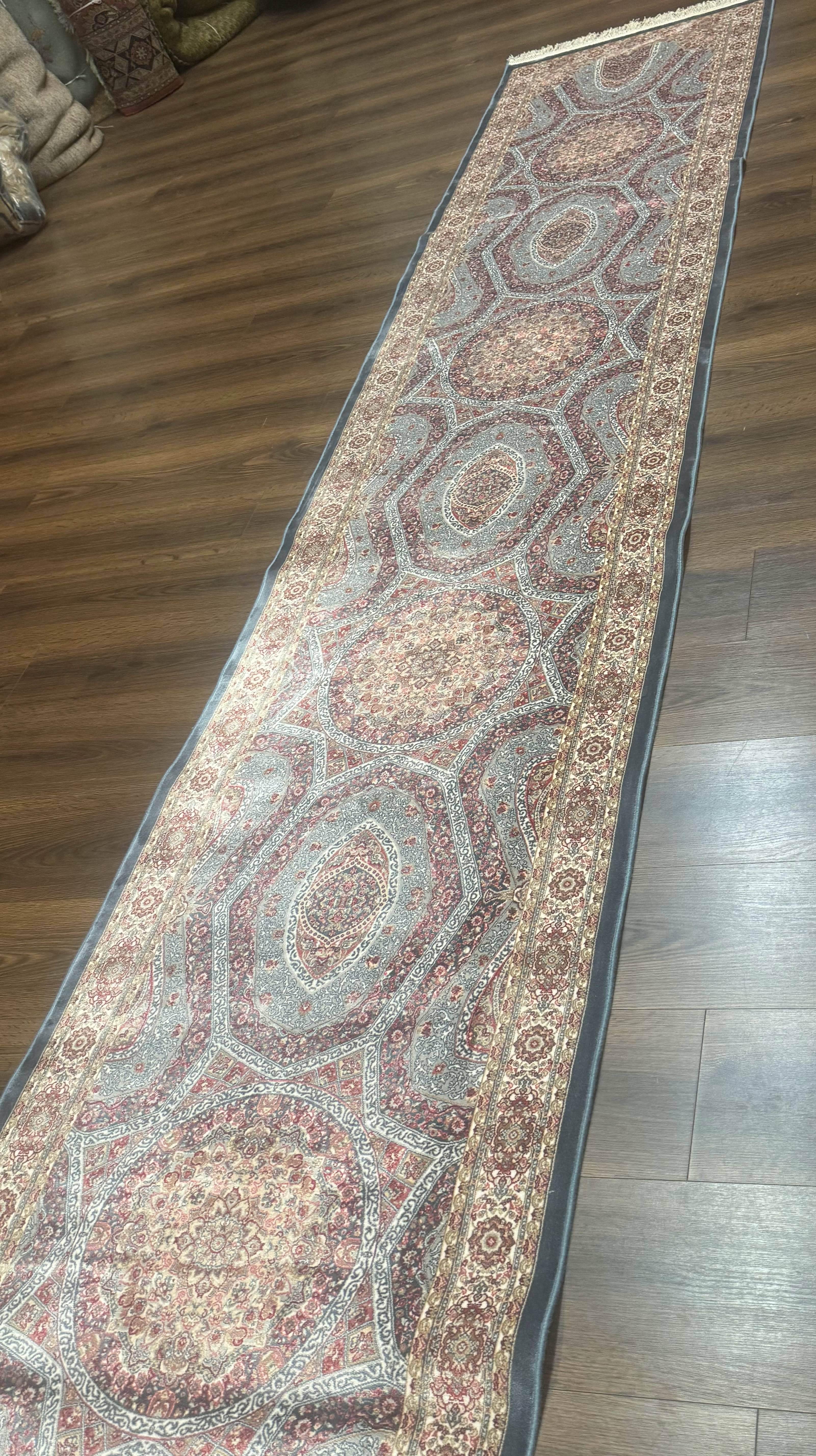 Turkish Silk Runner Rug 2.6 x 13, Blue Runner Rug, Dome Design, Bamboo Silk, New - Jewel Rugs