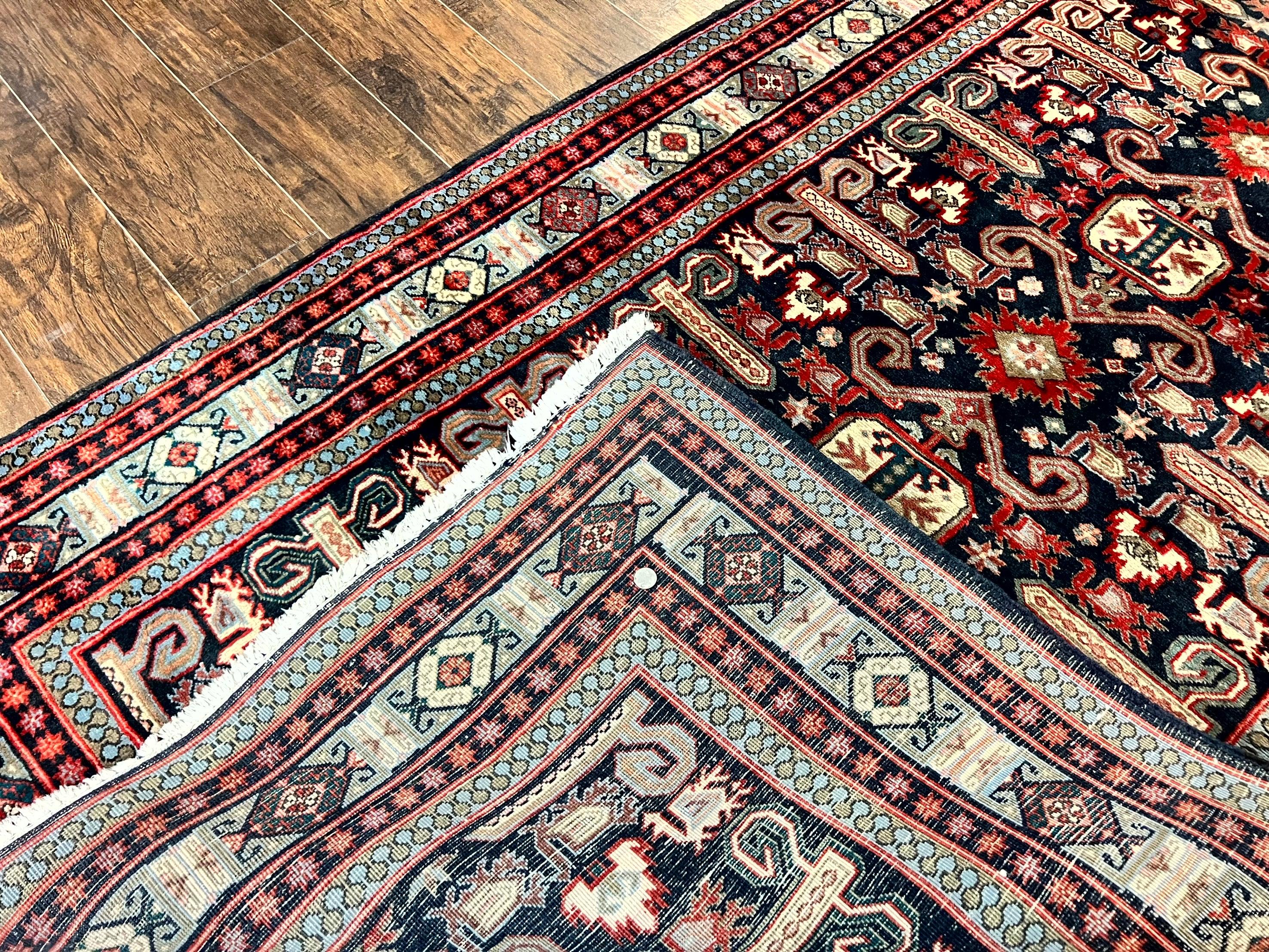 Persian Wide Runner Rug 4.8 x 10, Persian Kalegi Ardabil Rug, Perpedil Caucasian Rug, Antique Handmade Wool Carpet, Navy Blue Red, Tribal Rug - Jewel Rugs