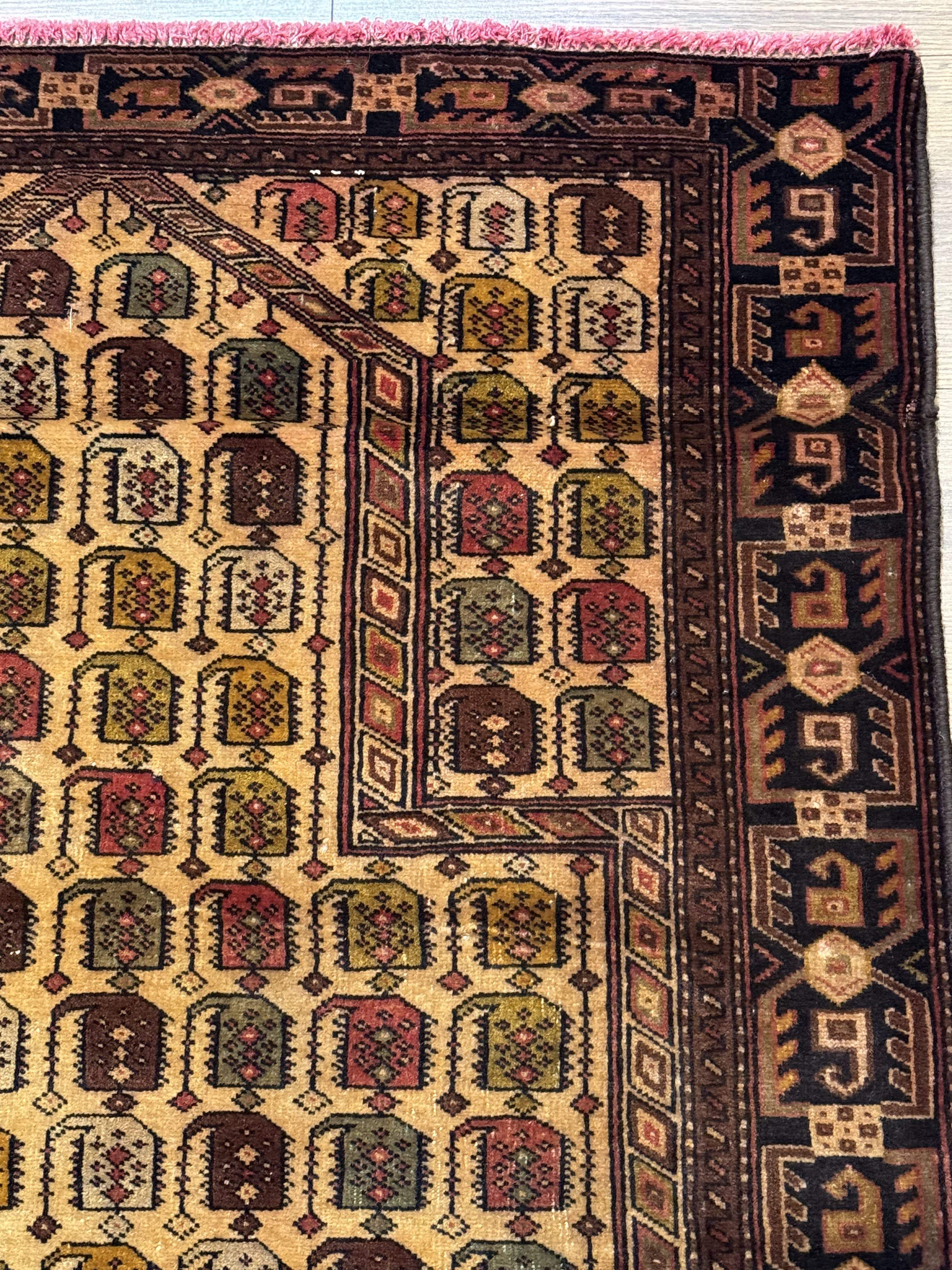 Persian Baluchi Prayer Rug 3x5 – Repeated Boteh Design, Golden-Tan, Handmade Wool Carpet - Jewel Rugs