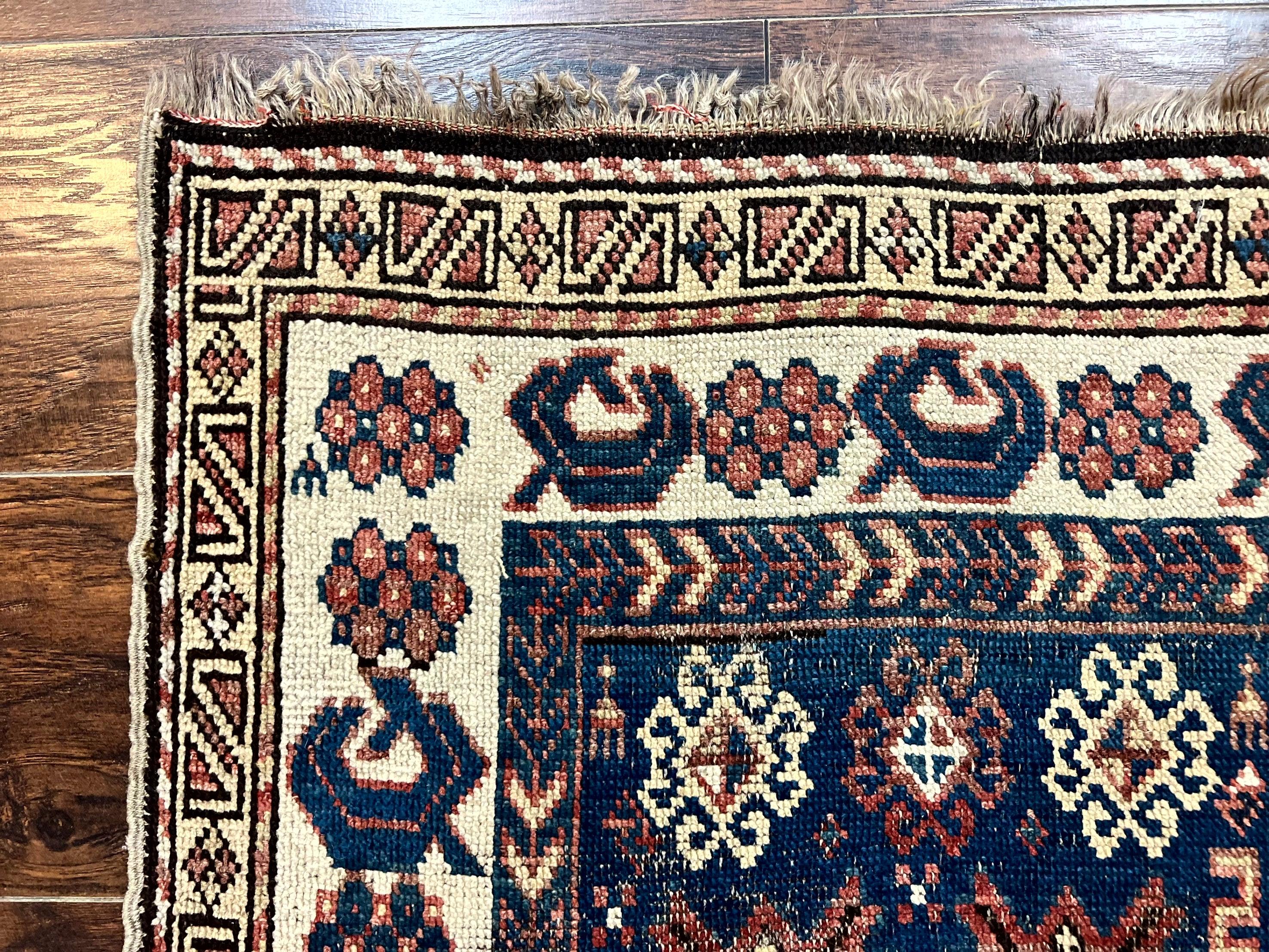 Antique Caucasian Kazak Rug 2.5 x 4, Navy Blue and Ivory, Hand Knotted Handmade Wool Rug - Jewel Rugs