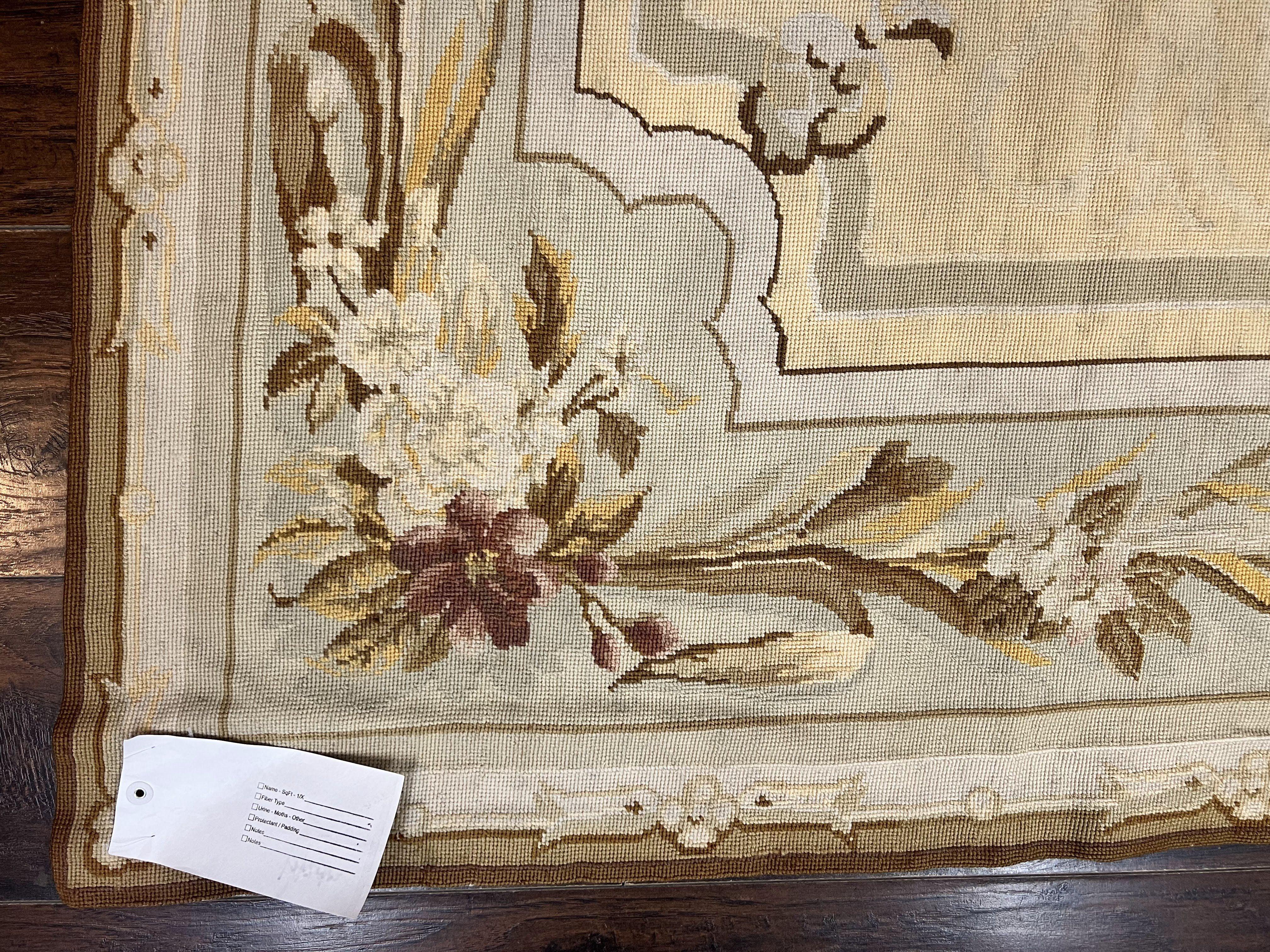 Needlepoint Rug 6x9, Elegant European Design Aubusson Carpet, Vintage Wool Handmade Rug, Light Yellow Ivory - Jewel Rugs