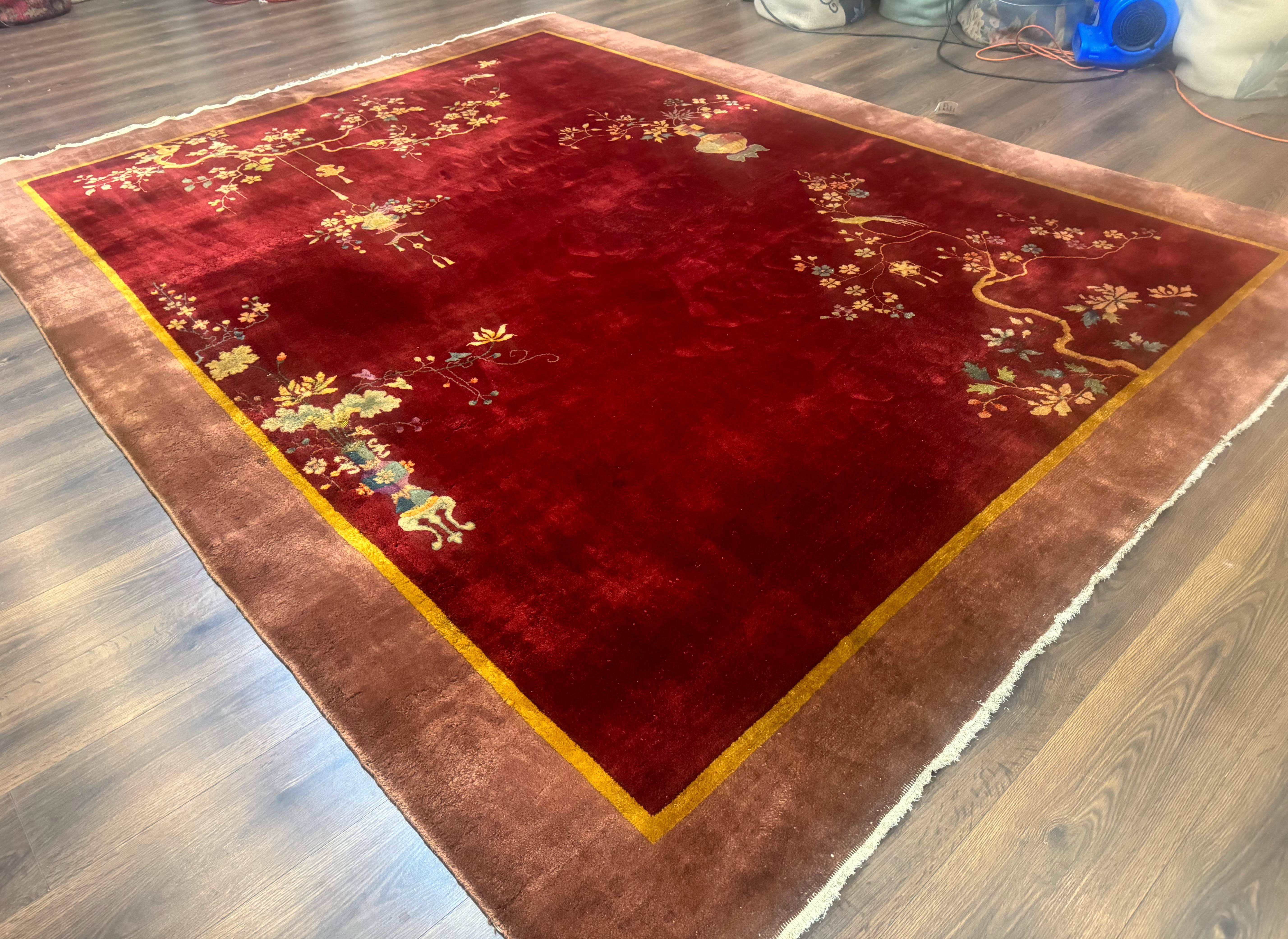 Red Chinese Art Deco Rug 9x11, Simple Design, Wool Chinese Area Rug, Antique - Jewel Rugs