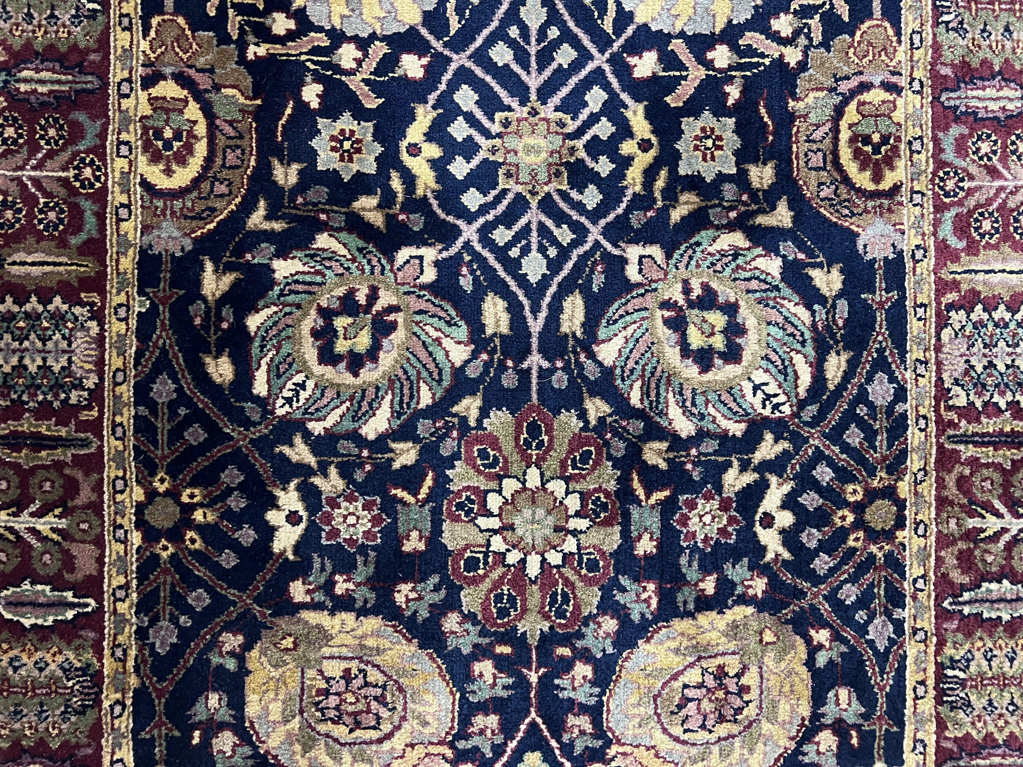 Indo Persian Runner 2.8 x 18, Long Skinny Hallway Wool Runner Rug, Hand Knotted Vintage Floral Allover Traditional Runner Dark Blue Burgundy - Jewel Rugs