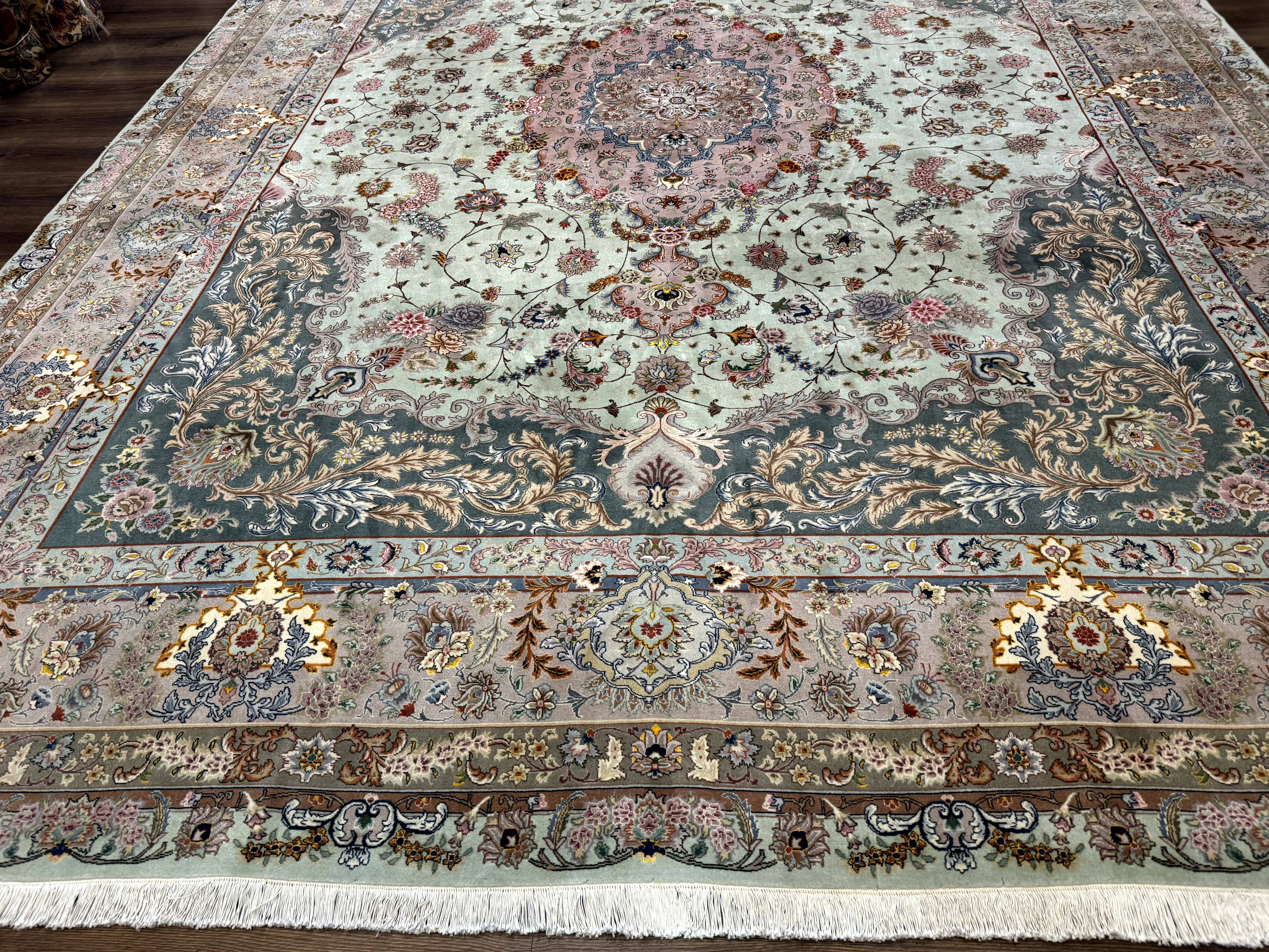 Marvelous Persian Tabriz Rug 10x13, Very Fine 380 KPSI, Mint Green Pink, Floral - Jewel Rugs