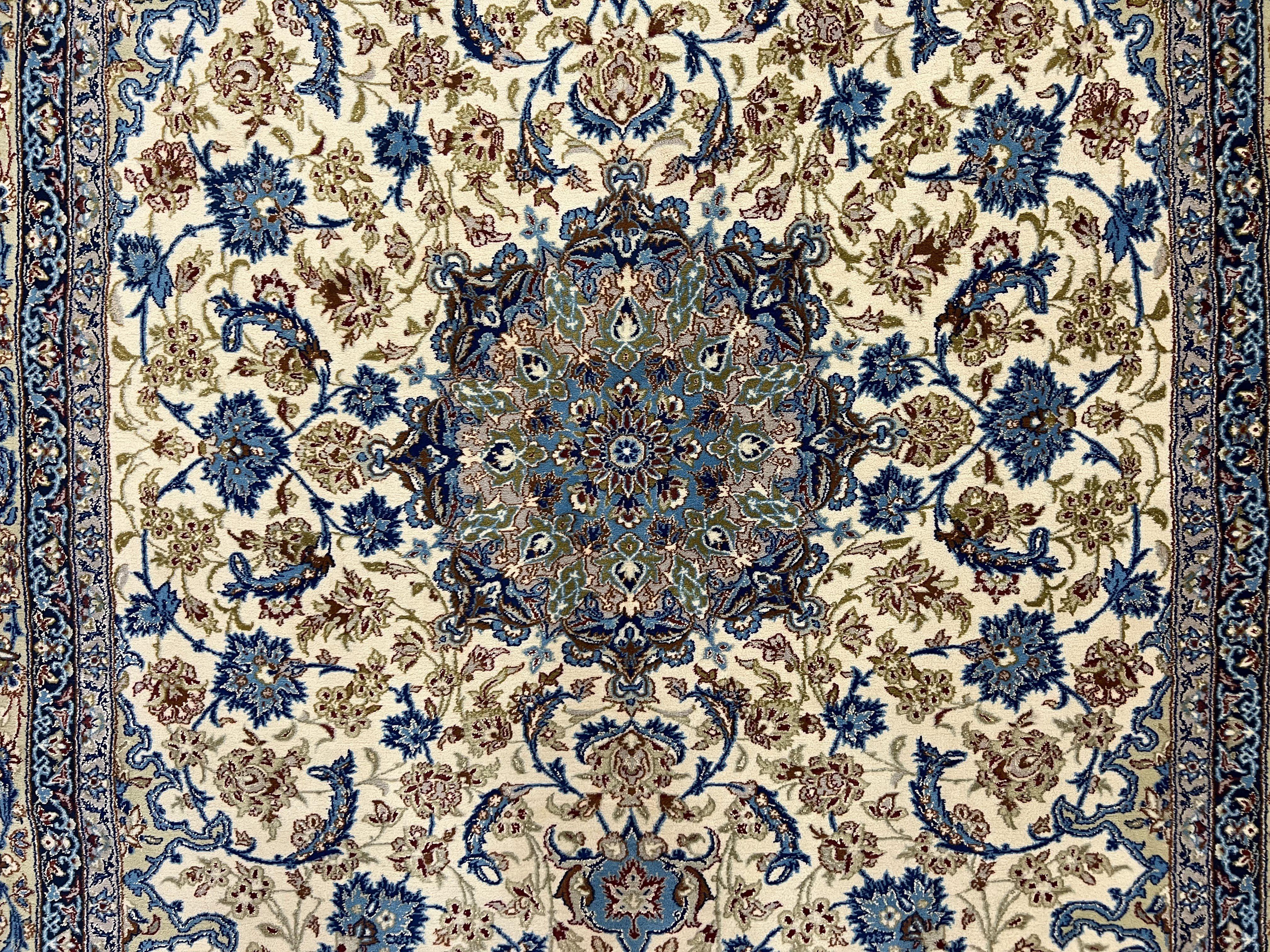 Persian Isfahan Rug 5x8, Kork Wool on Silk Foundation, 440 KPSI, Handmade Vintage Carpet, Floral Medallion Oriental Rug, Ivory & Blue, Very Fine - Jewel Rugs