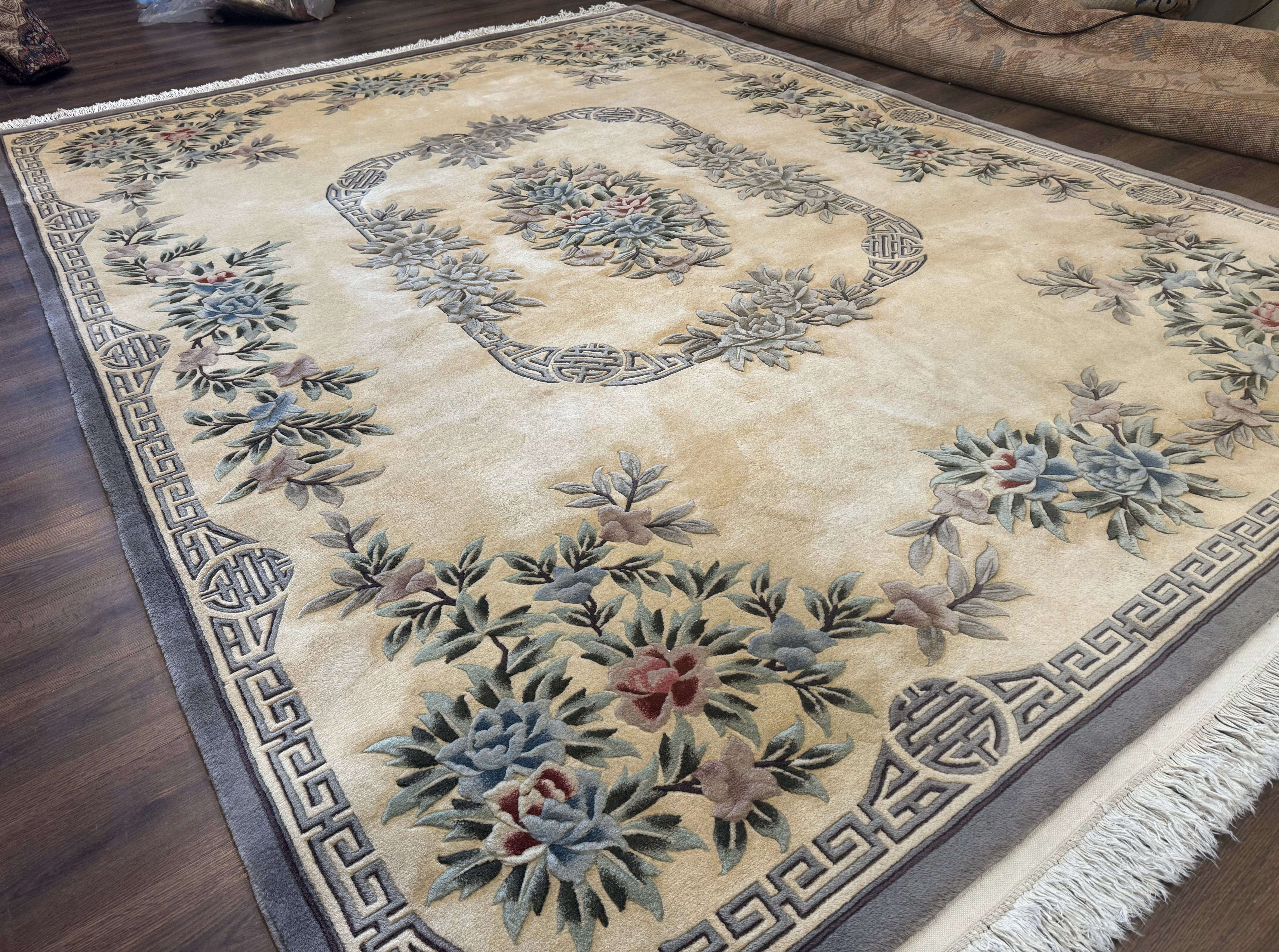 Chinese Wool Rug 9x12, Carving 90 Line Carpet, Floral, Cream and Green - Jewel Rugs