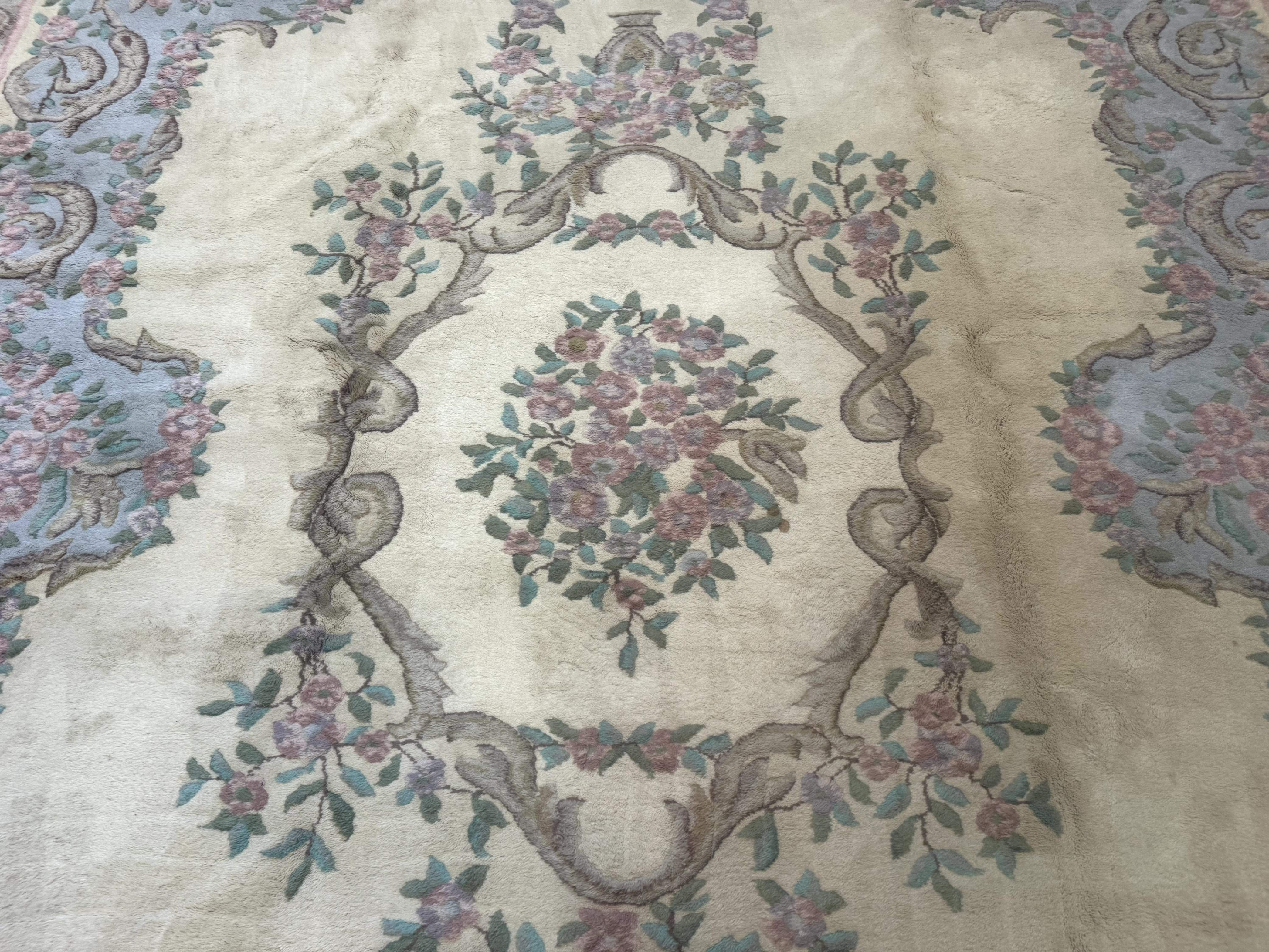 Indo Chinese Aubusson Rug 9x12, Cream and Light Blue, Soft Thick Wool Pile - Jewel Rugs