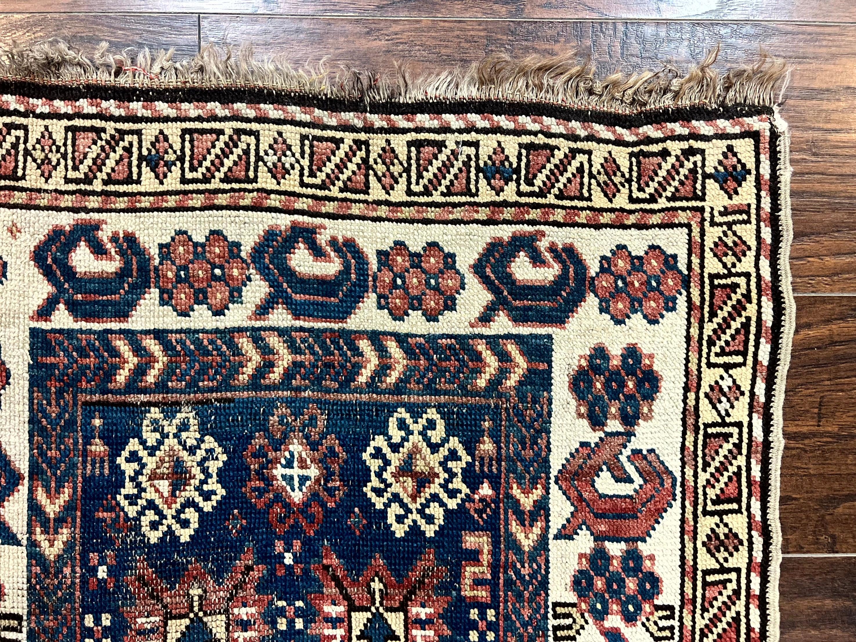 Antique Caucasian Kazak Rug 2.5 x 4, Navy Blue and Ivory, Hand Knotted Handmade Wool Rug - Jewel Rugs