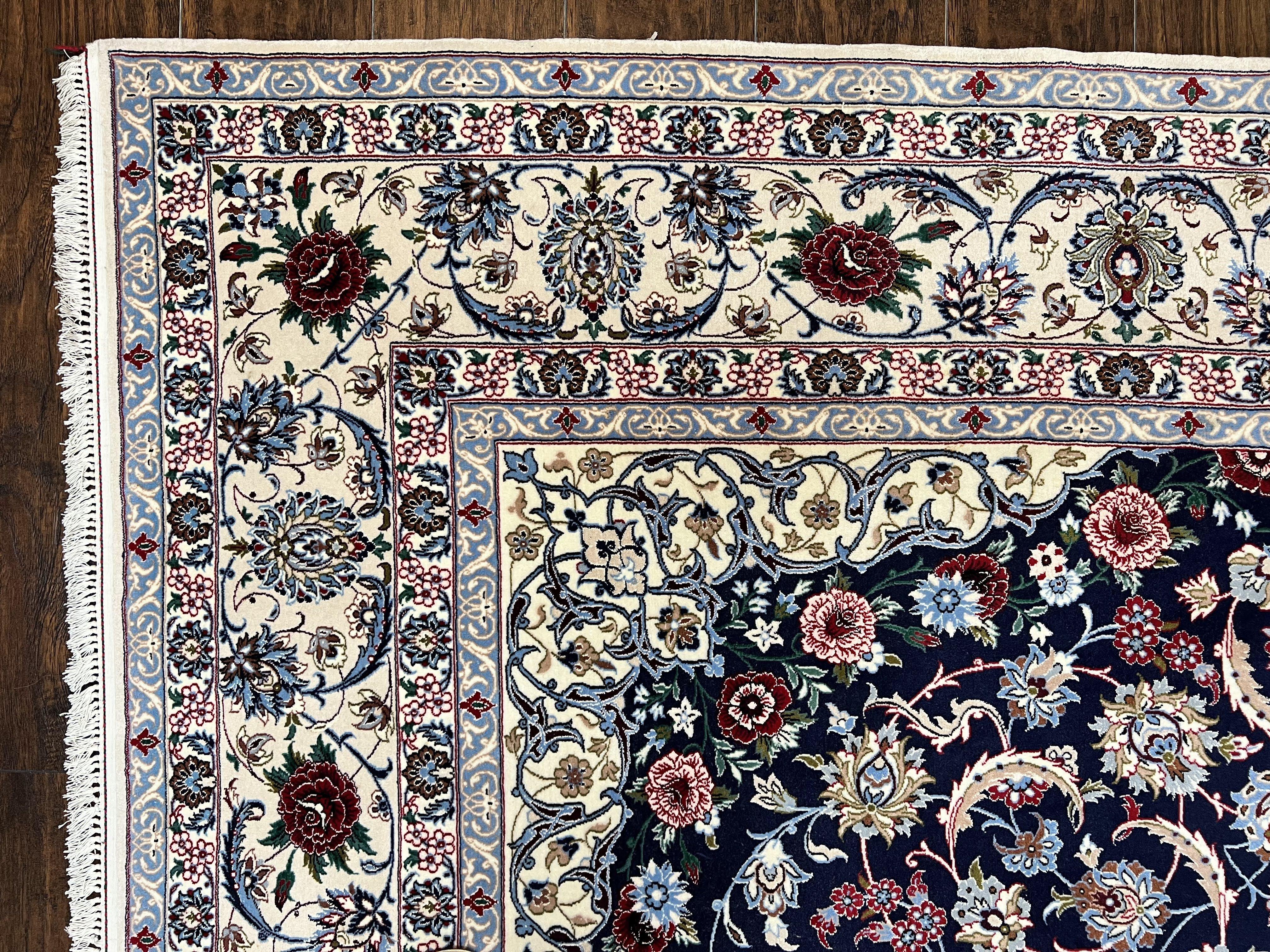 Marvelous Persian Isfahan Rug 7x10, Super Fine Hand Knotted Wool Oriental Carpet 7 x 10 ft, Navy Blue Ivory, Floral Medallion, Semi Antique Vintage - Jewel Rugs