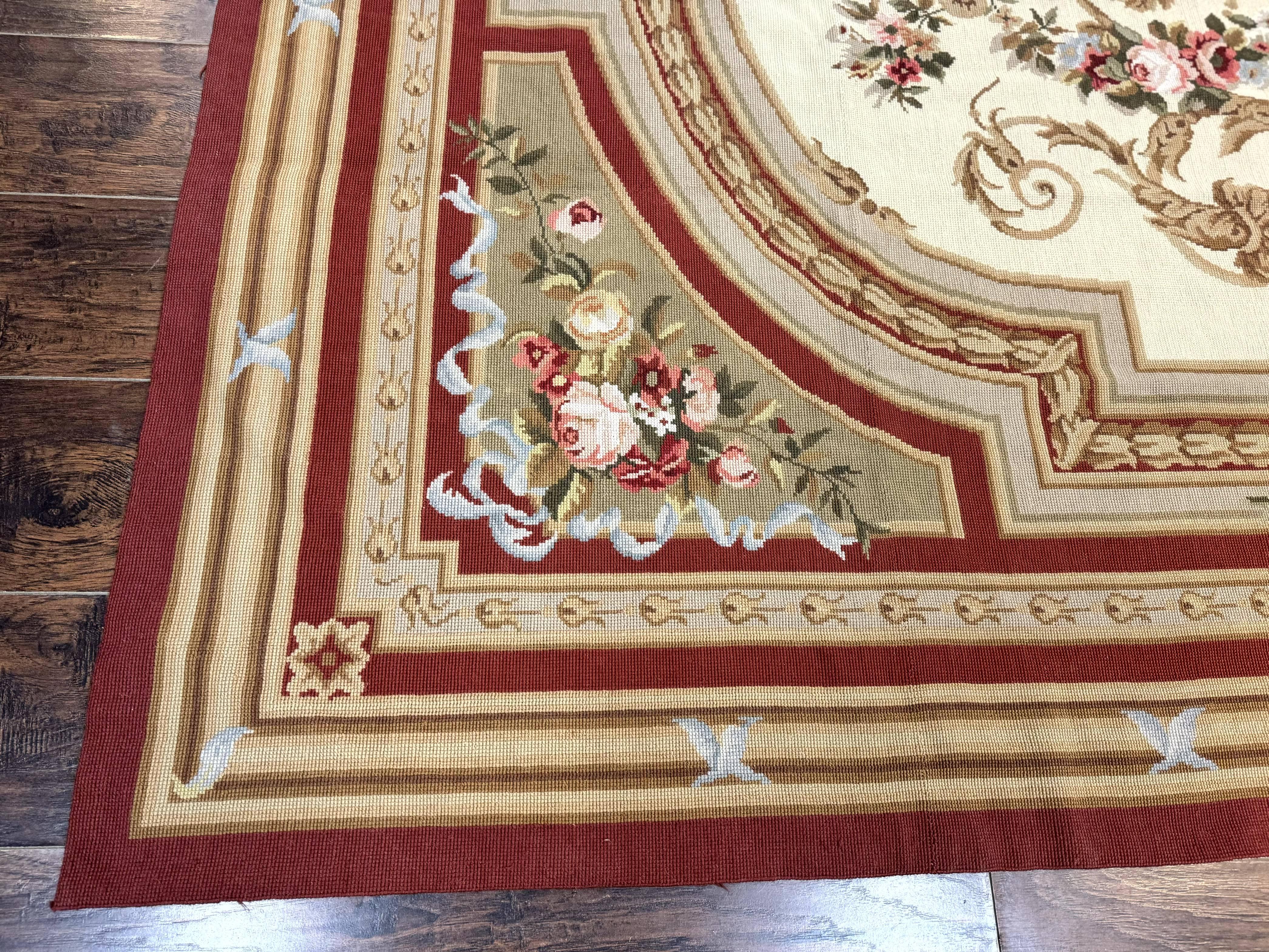 Aubusson Needlepoint Rug 9x11, Handmade Vintage Wool Flatweave Carpet, Elegant European Rug, Floral, Cream - Jewel Rugs